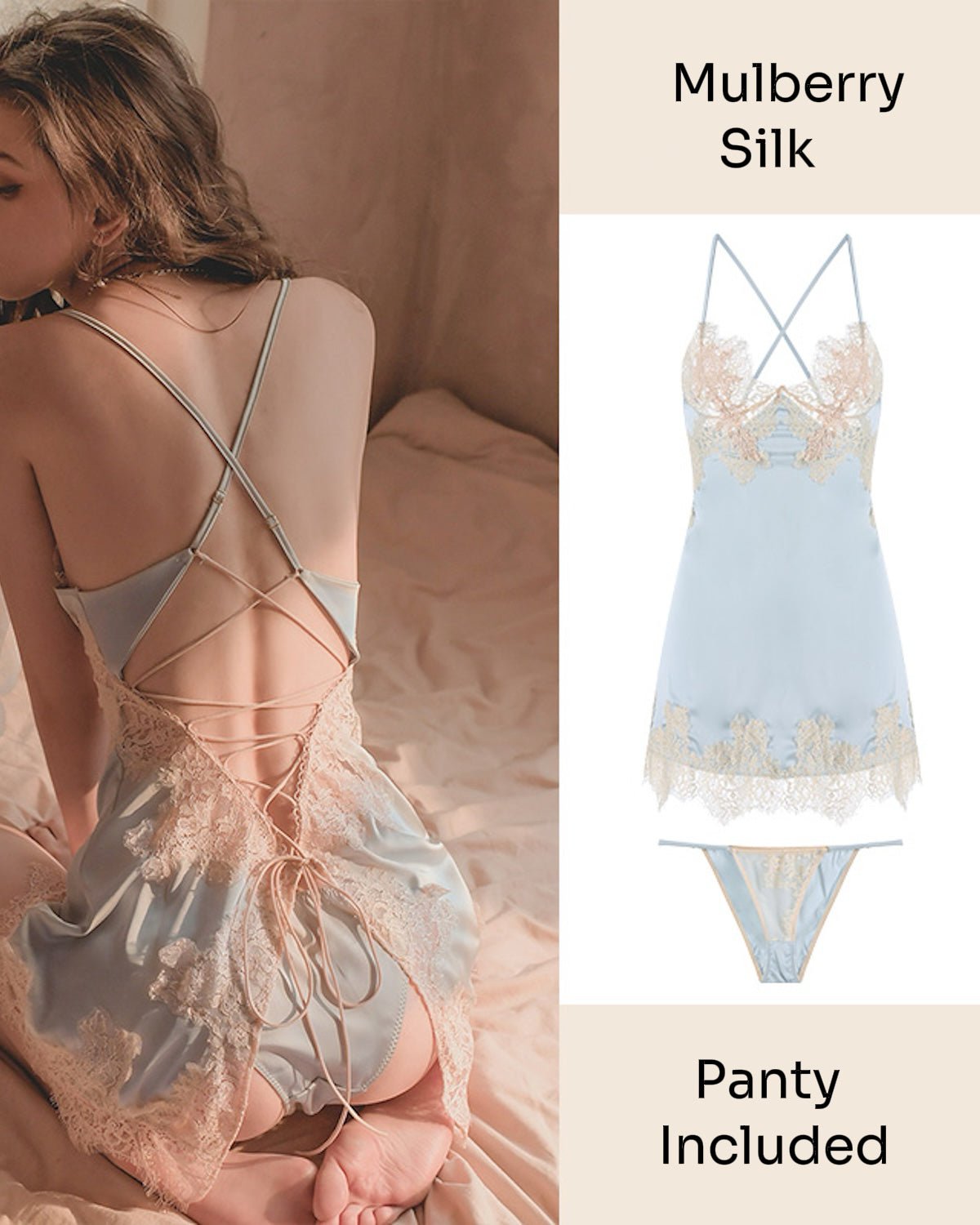 FEELITS PA12 Silk & Lace Backless Nightdress Set – Mulberry Silk Nightwear with Matching Panty - FEELITS