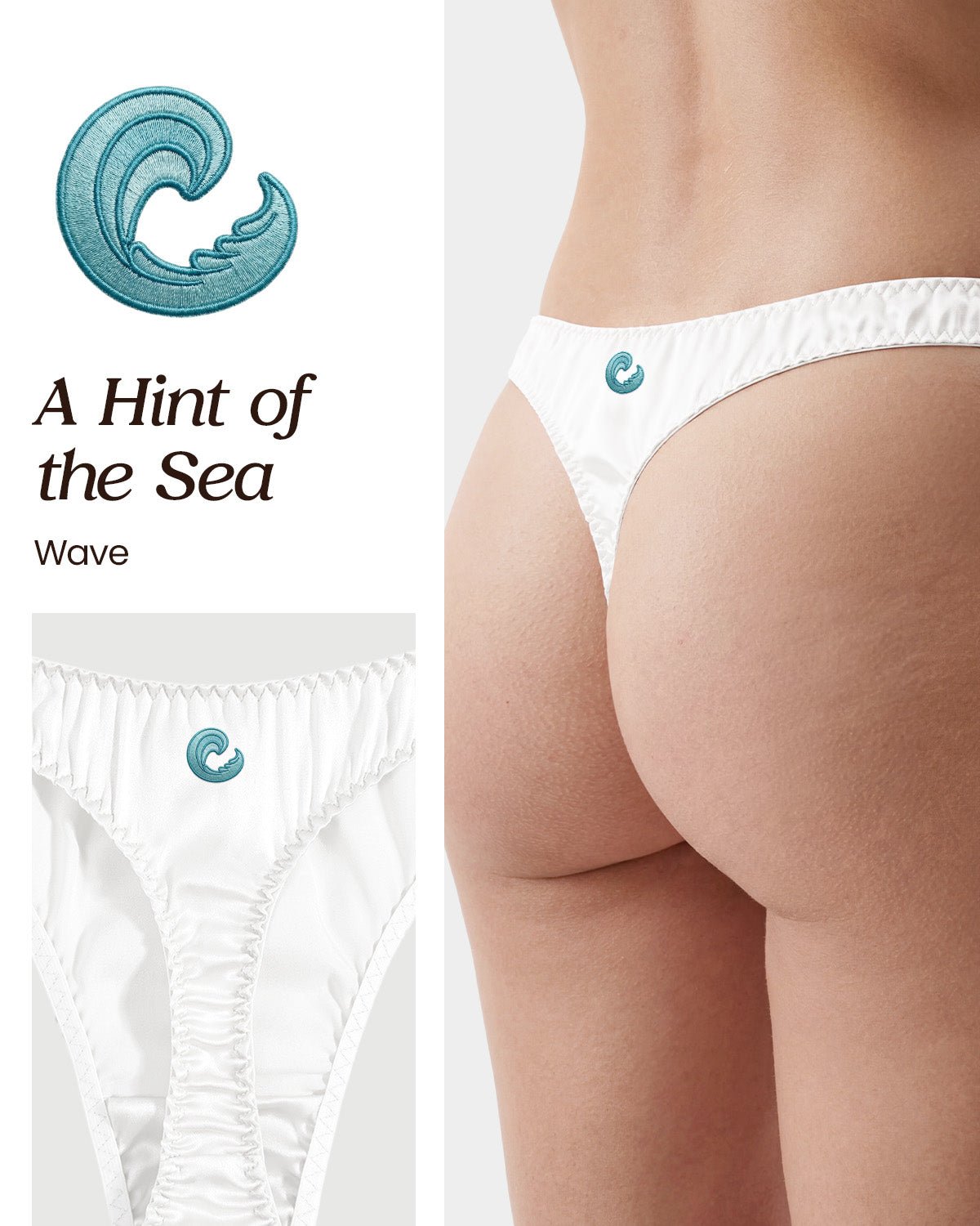 FEELITS SPA34 Embroidered Silk Low - Rise T - Back Thong Panties – 100% Mulberry Silk, Ocean - Inspired Motifs - FEELITS