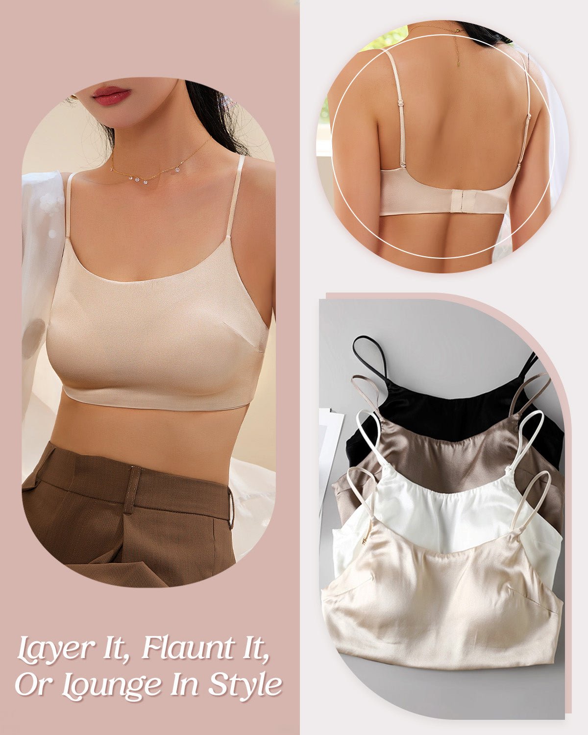 FEELITS BRA05 22 Momme Mulberry Silk Cami Crop Top – Adjustable Spaghetti Straps & Built-In Pads - FEELITS