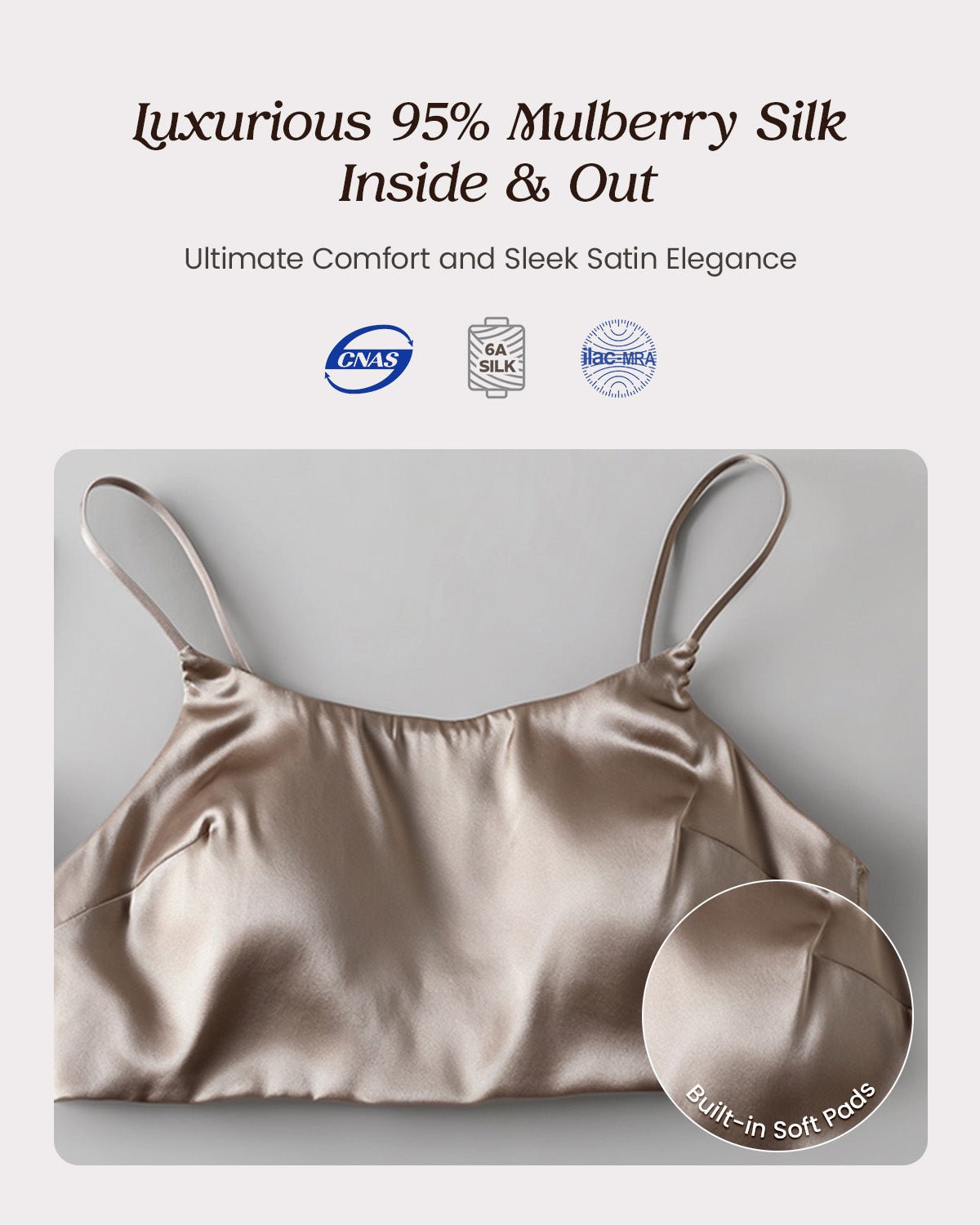 FEELITS BRA05 22 Momme Mulberry Silk Cami Crop Top – Adjustable Spaghetti Straps & Built-In Pads - FEELITS
