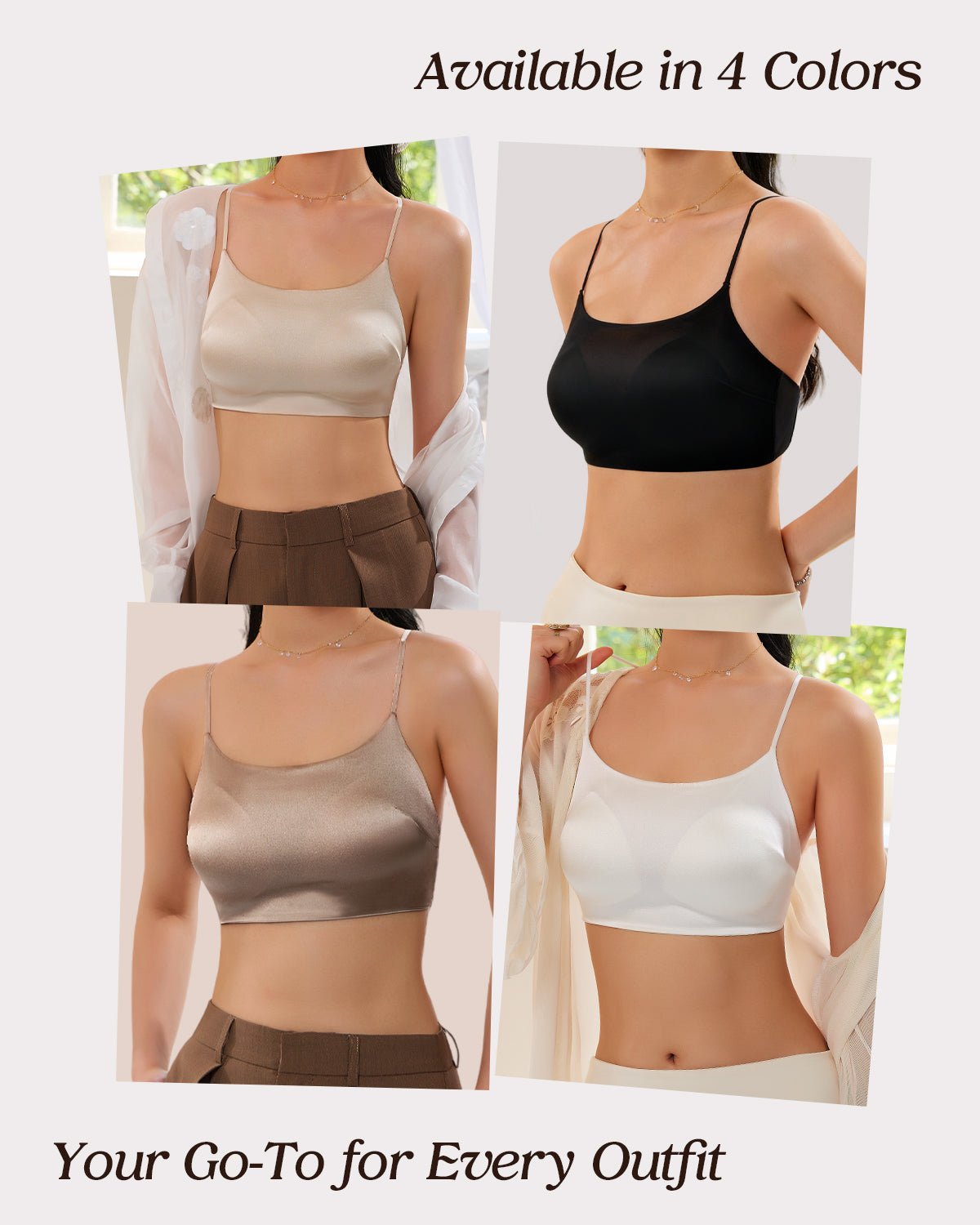 FEELITS BRA05 22 Momme Mulberry Silk Cami Crop Top – Adjustable Spaghetti Straps & Built-In Pads - FEELITS