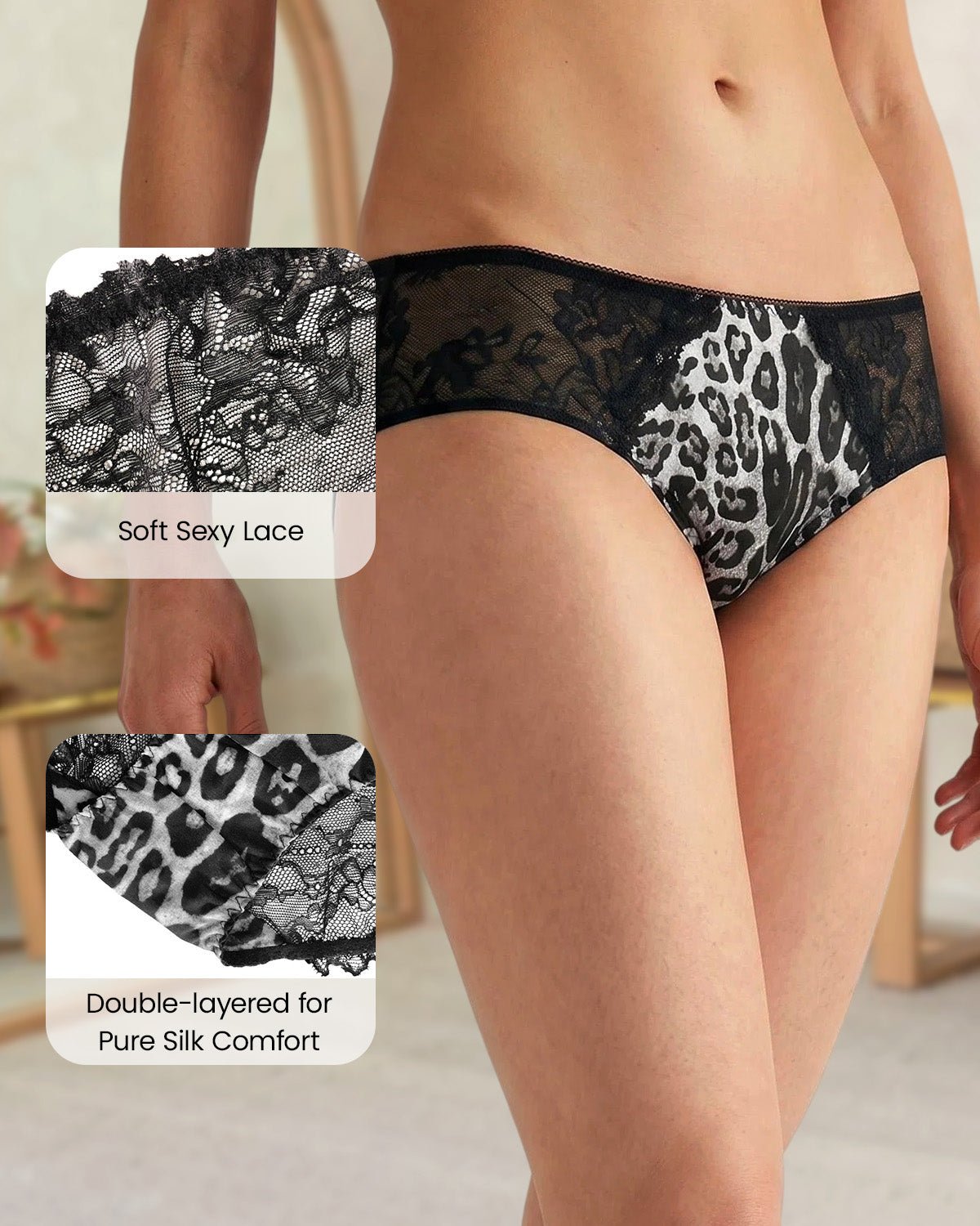 FEELITS YF02 Leopard Silk Lace Bikini Panties - Mulberry Silk Front, Sheer Lace Back - FEELITS