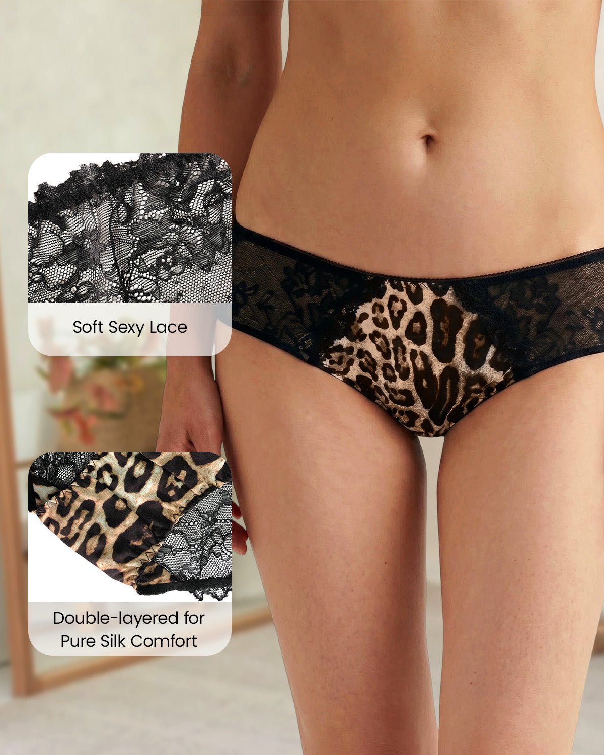 FEELITS YF02 Leopard Silk Lace Bikini Panties - Mulberry Silk Front, Sheer Lace Back - FEELITS