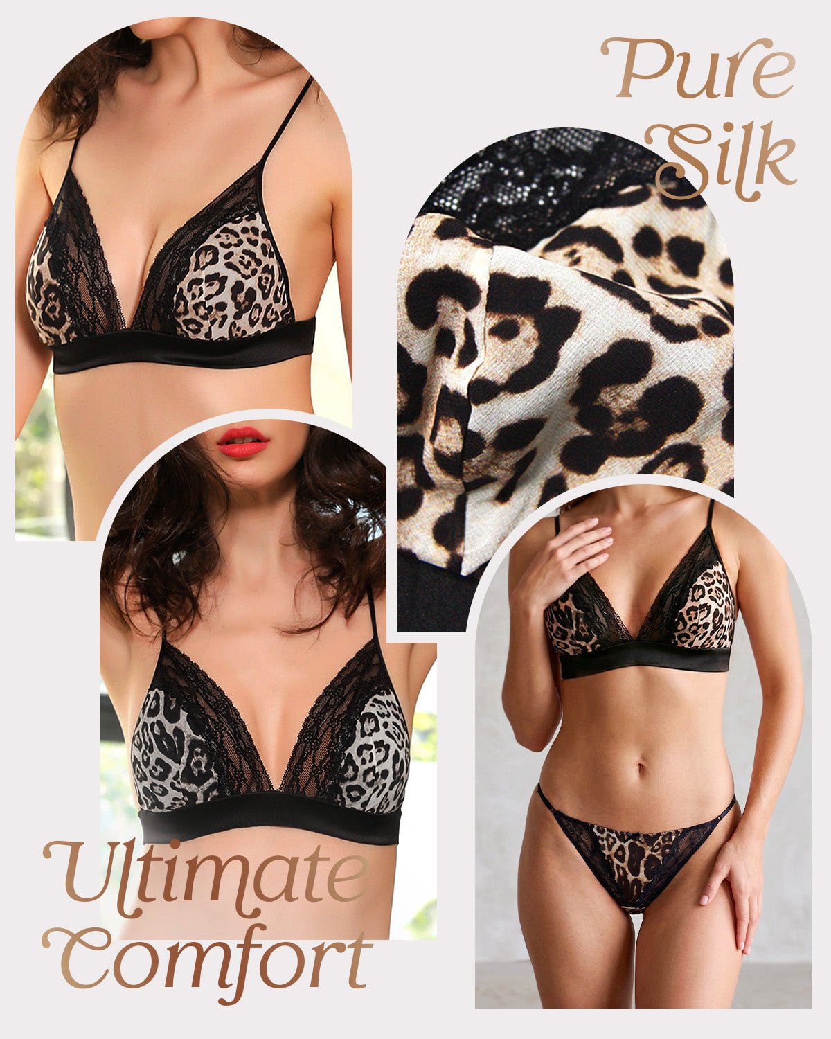 FEELITS YFB01 Leopard Lace Silk Triangle Bra - 95% Mulberry Silk, Wireless Double-Hook Design - FEELITS