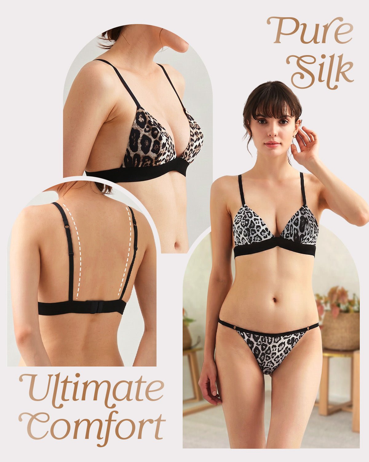 FEELITS YFB03 Leopard Print Silk Triangle Bra - 95% Mulberry Silk, Wireless Double-Hook Design - FEELITS