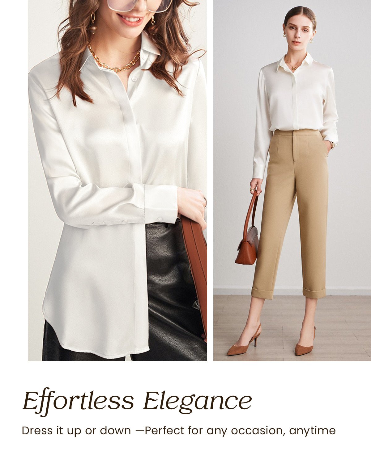 FEELITS BL01 22 Momme Mulberry Silk Button-Down Blouse – Long Sleeve Collared Work Shirt - FEELITS