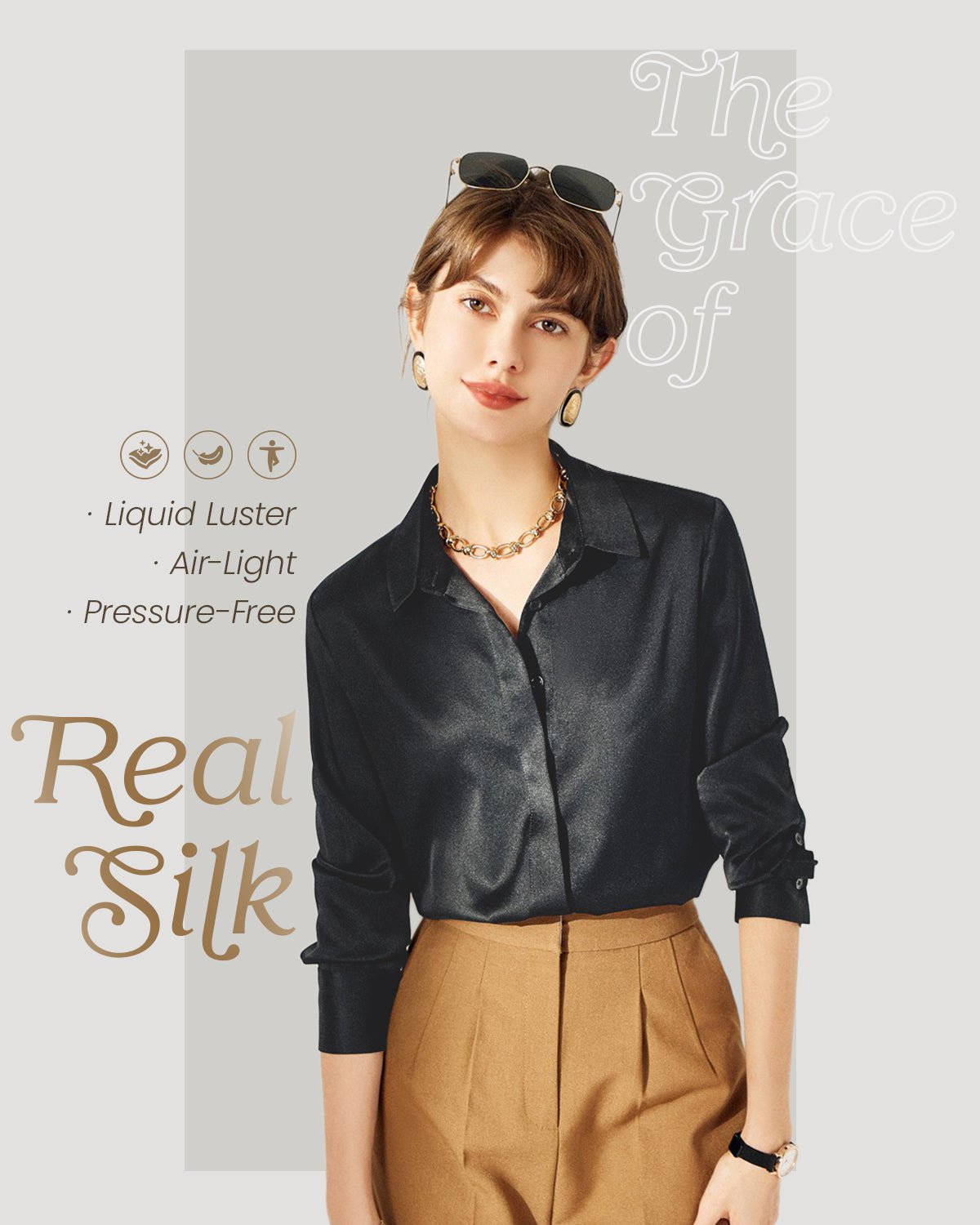 FEELITS BL01 22 Momme Mulberry Silk Button-Down Blouse – Long Sleeve Collared Work Shirt - FEELITS