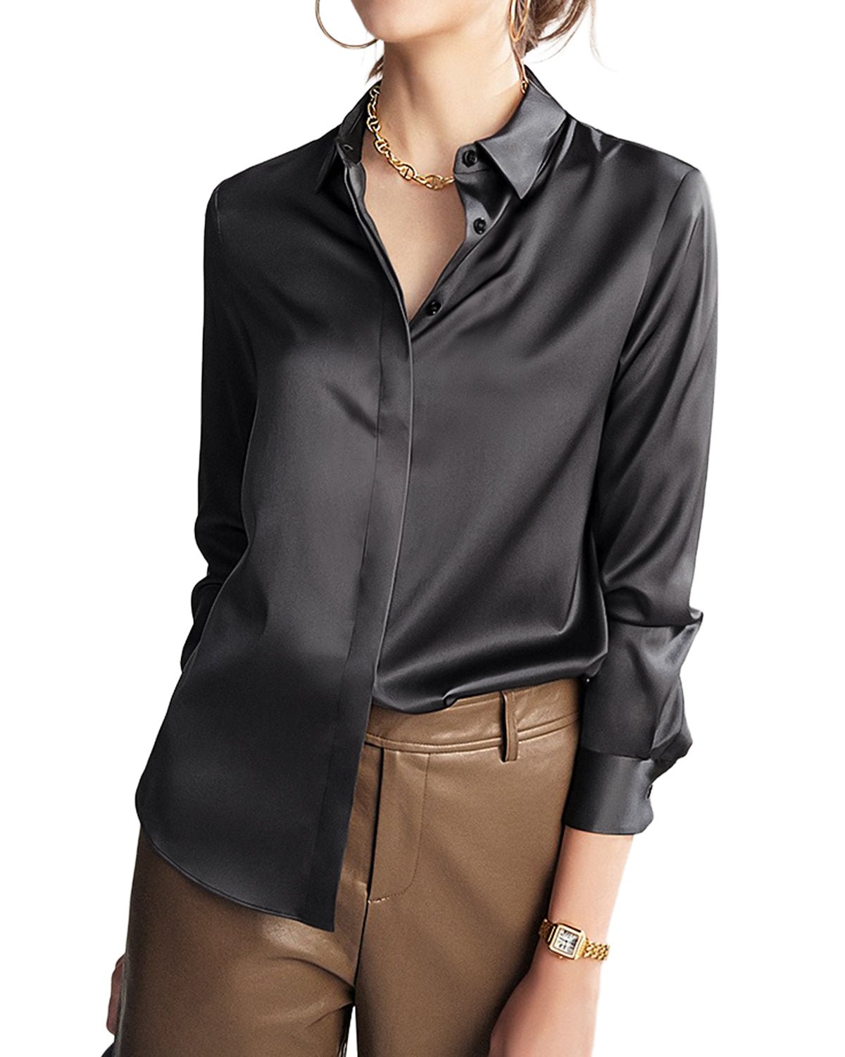 FEELITS BL01 22 Momme Mulberry Silk Button-Down Blouse – Long Sleeve Collared Work Shirt - FEELITS