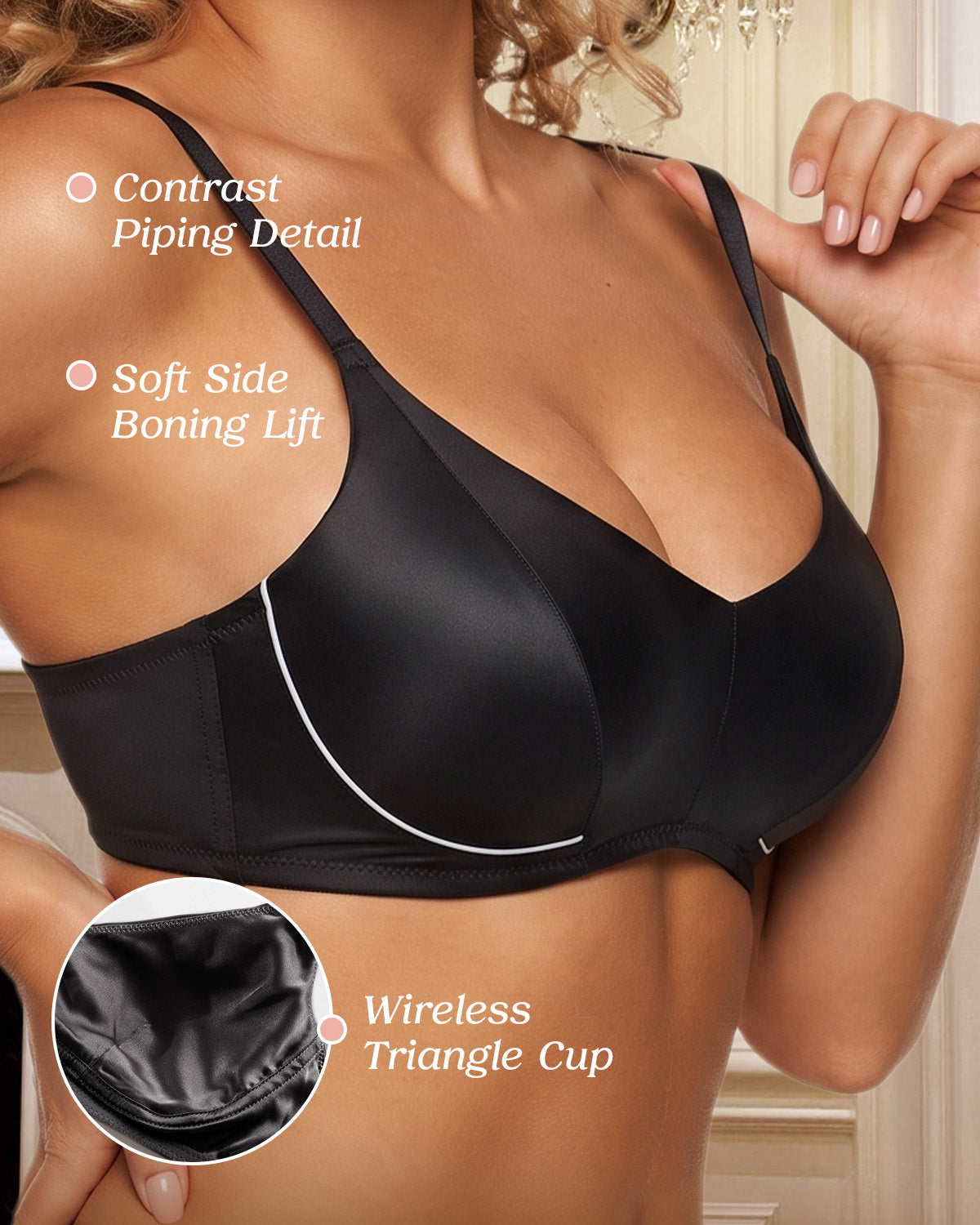 BRA14 silk bralette adjustable strap and lace detail | FEELITS