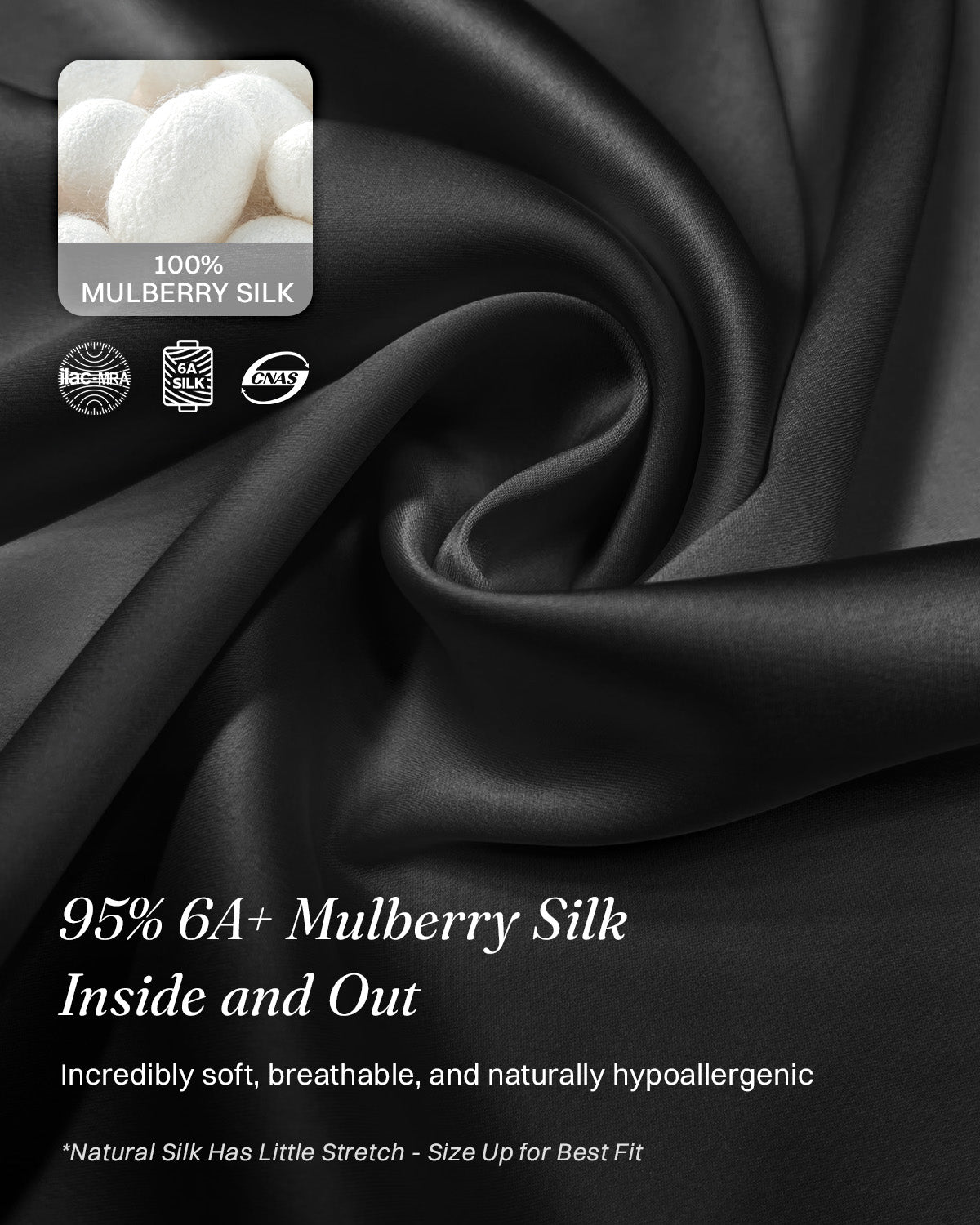 Close-up of black 6A mulberry silk highlighting its smooth, lustrous texture | FEELITS
