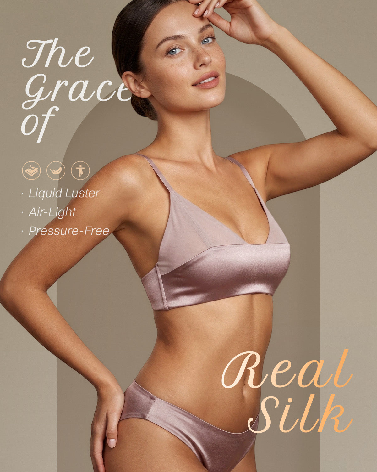 Model wearing the dusty pink BRA15 wire-free silk bralette in a lifestyle view | FEELITS