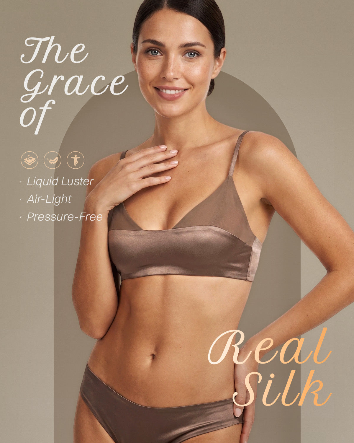 Model wearing the taupe BRA15 wire-free silk bralette in a lifestyle view | FEELITS