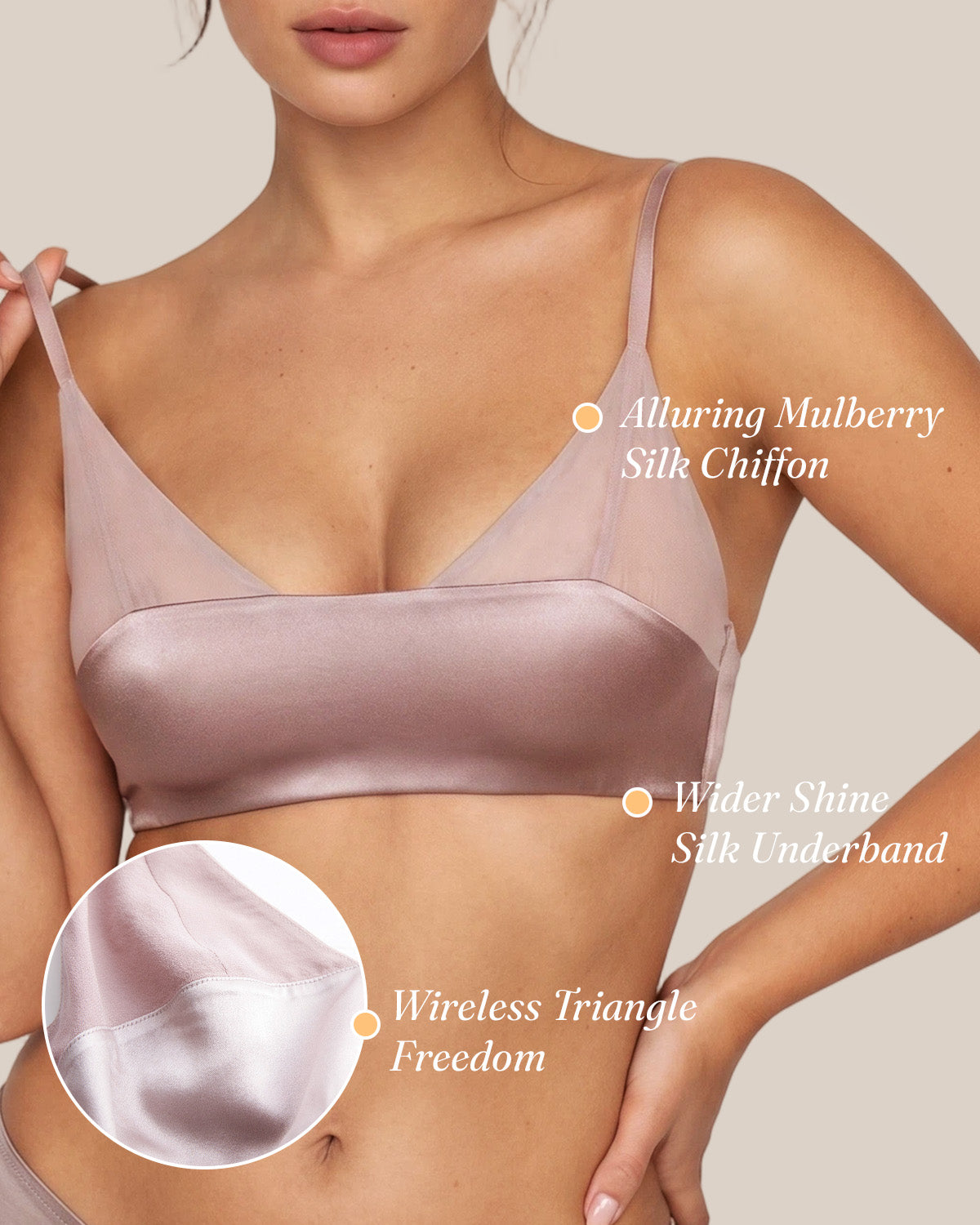 Front detail of the dusty pink BRA15 bralette with silk chiffon, wide underband and wire-free cups | FEELITS