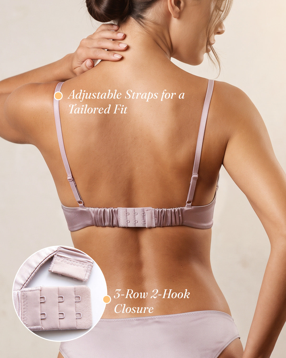 Rear detail of the dusty pink BRA15 bralette with adjustable straps and three-row hook closure | FEELITS