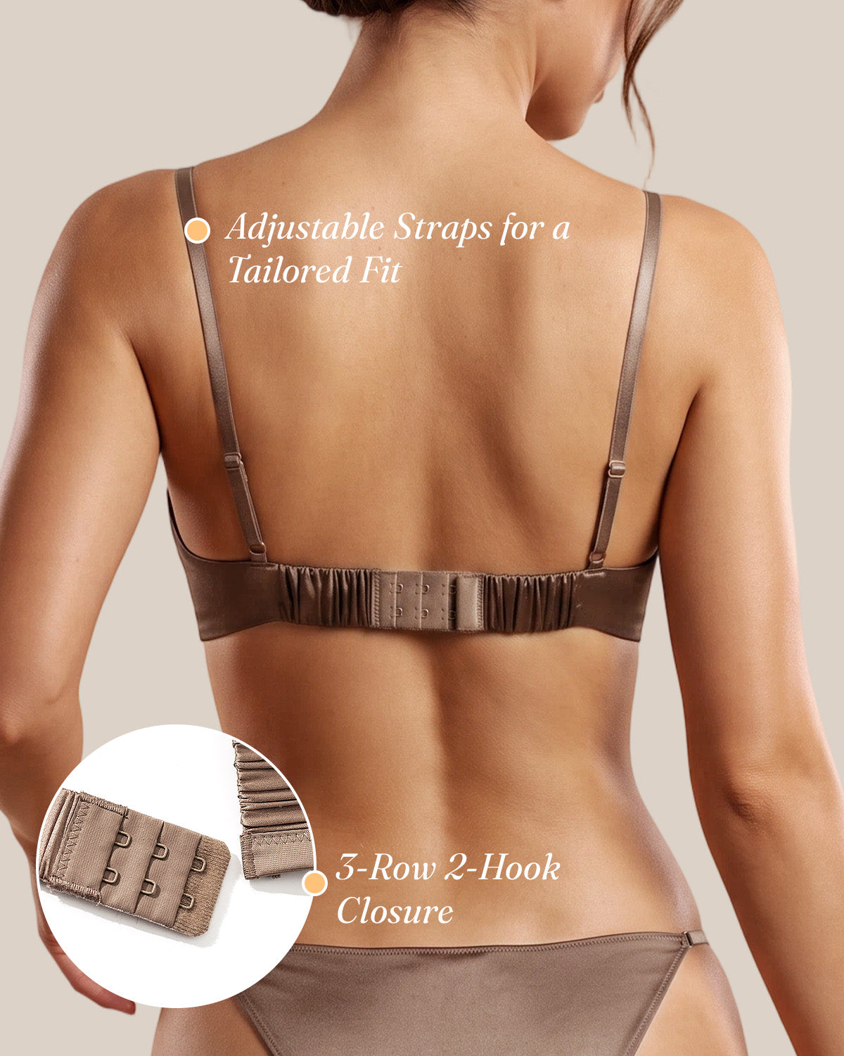 Rear detail of the taupe BRA15 bralette with adjustable straps and three-row hook closure | FEELITS