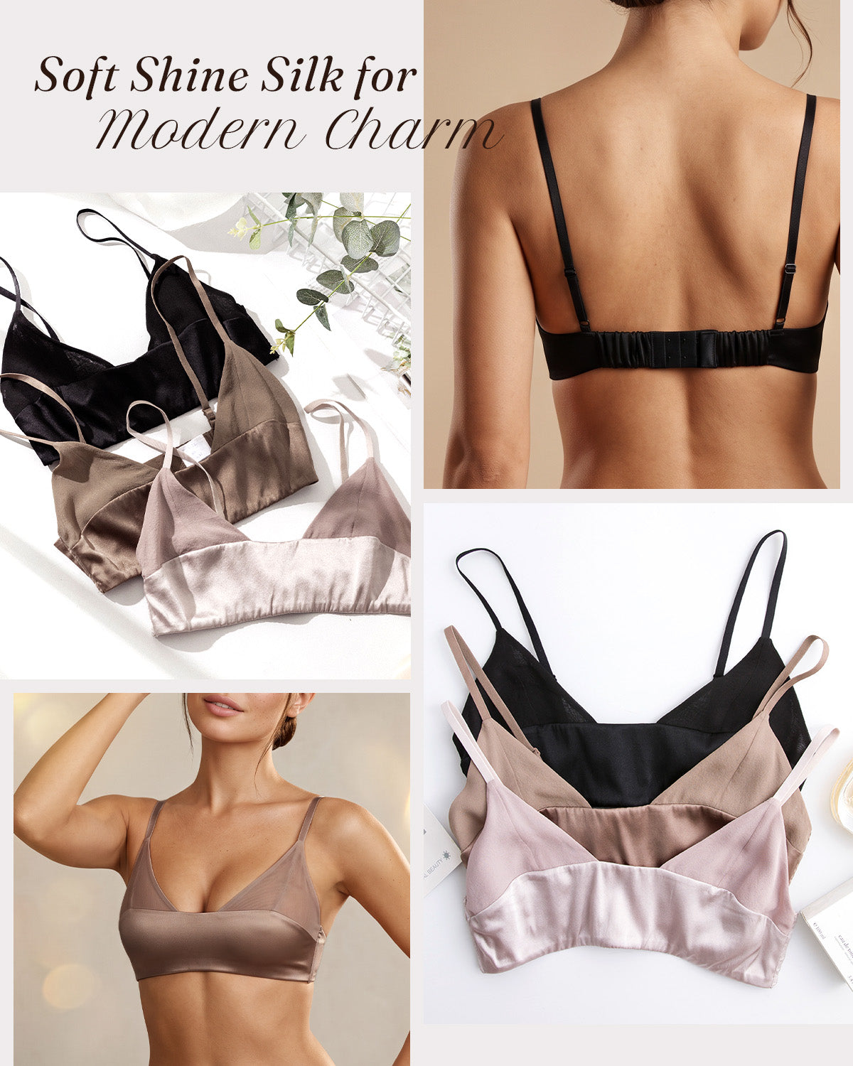 BRA15 mulberry silk square-neck bralettes in black, taupe and dusty pink | FEELITS