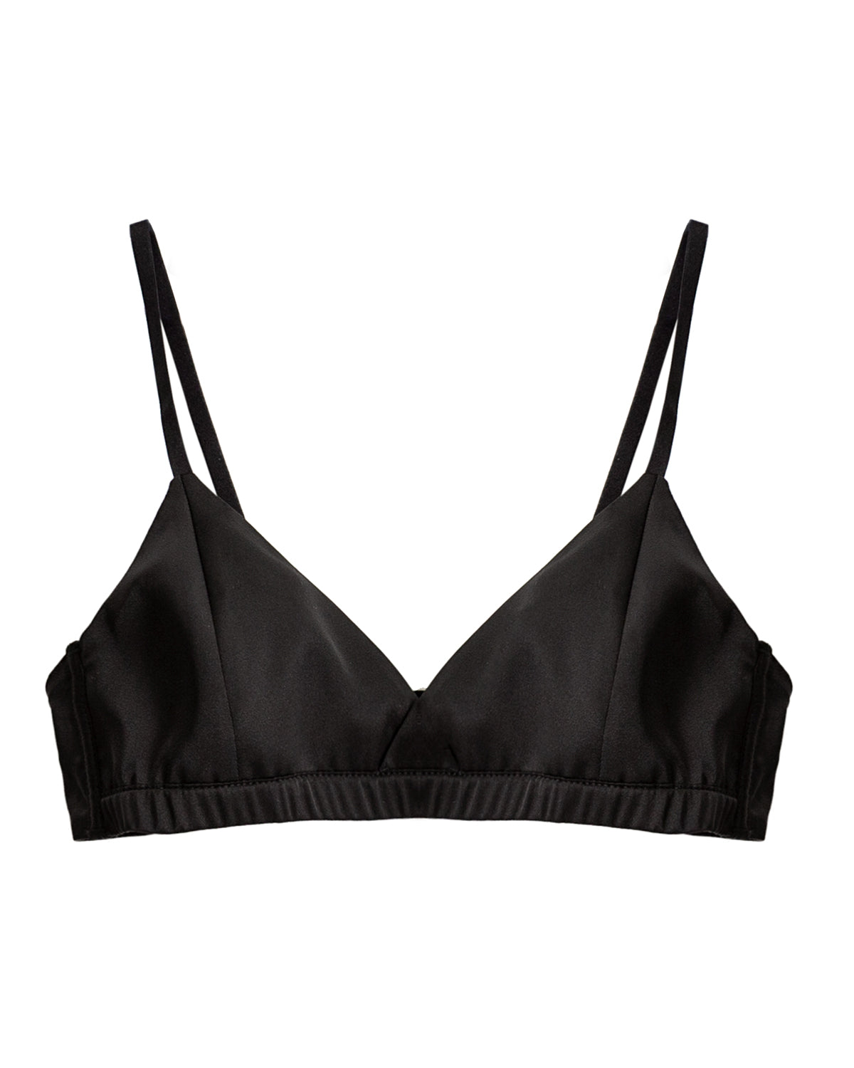 Black silk triangle bralette laid flat with narrow shoulder straps and an elastic underband | FEELITS