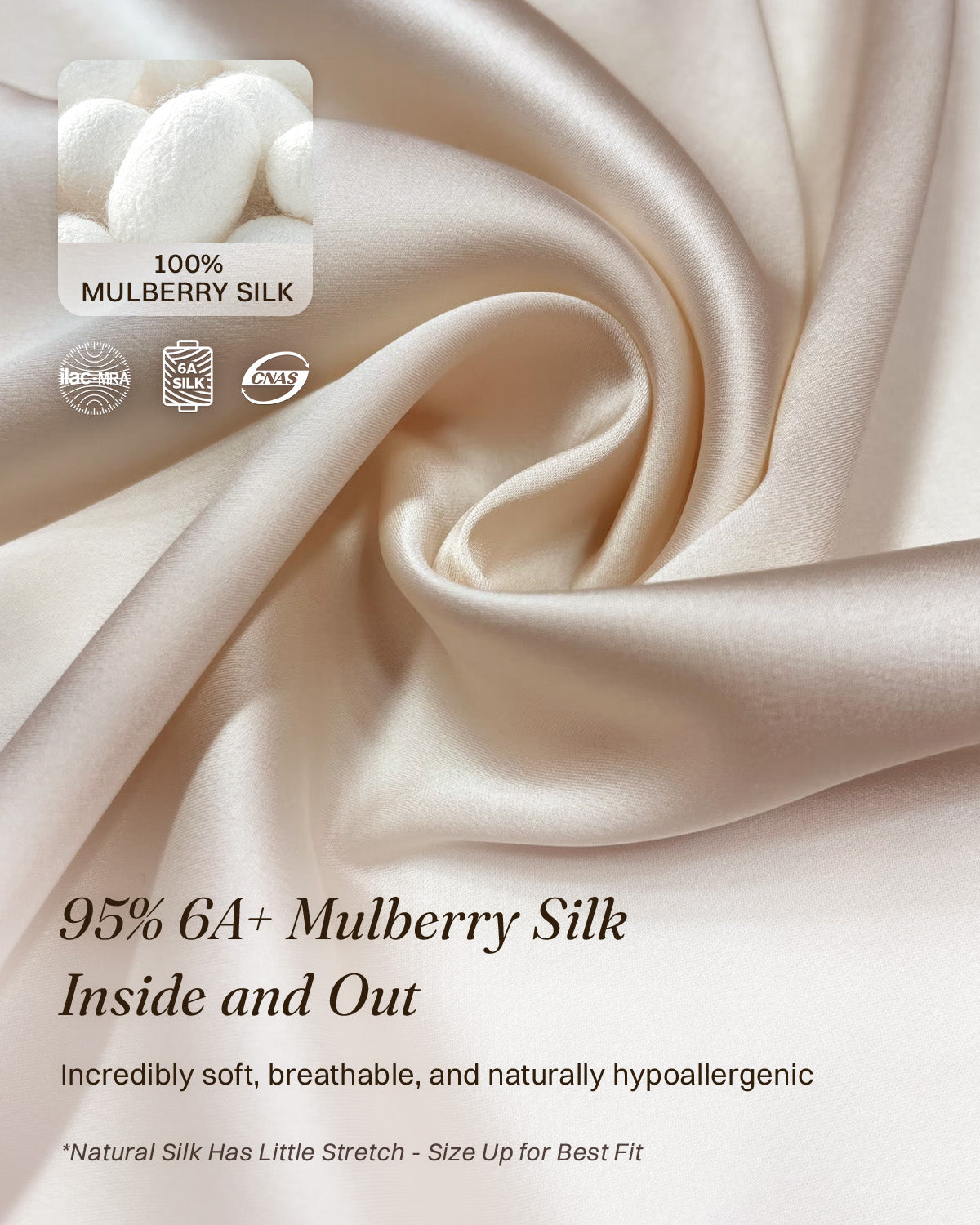 Close-up of lustrous silk fabric with a 95% mulberry silk composition callout | FEELITS
