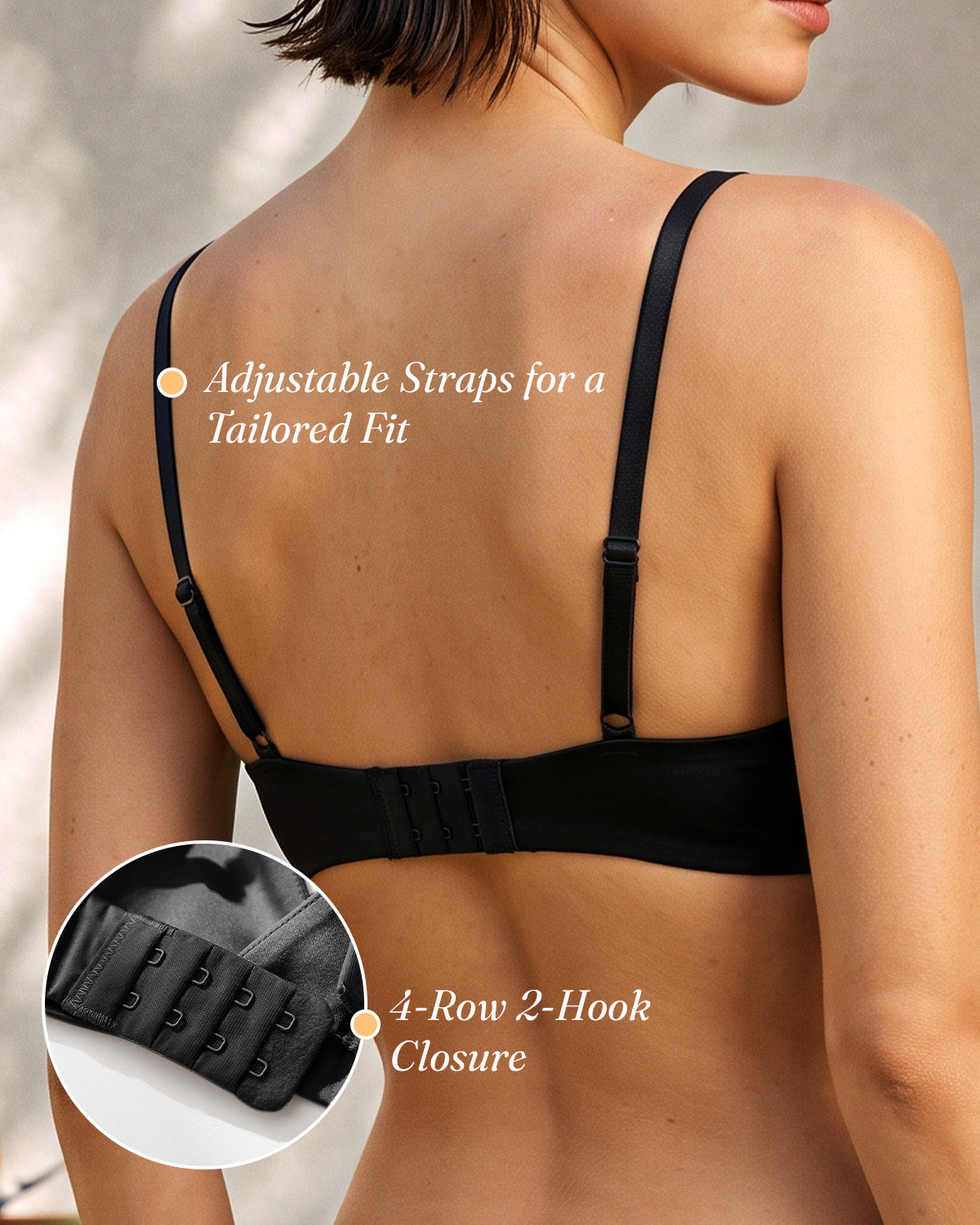 Black silk bralette back showing adjustable straps and hook-and-eye fastening | FEELITS