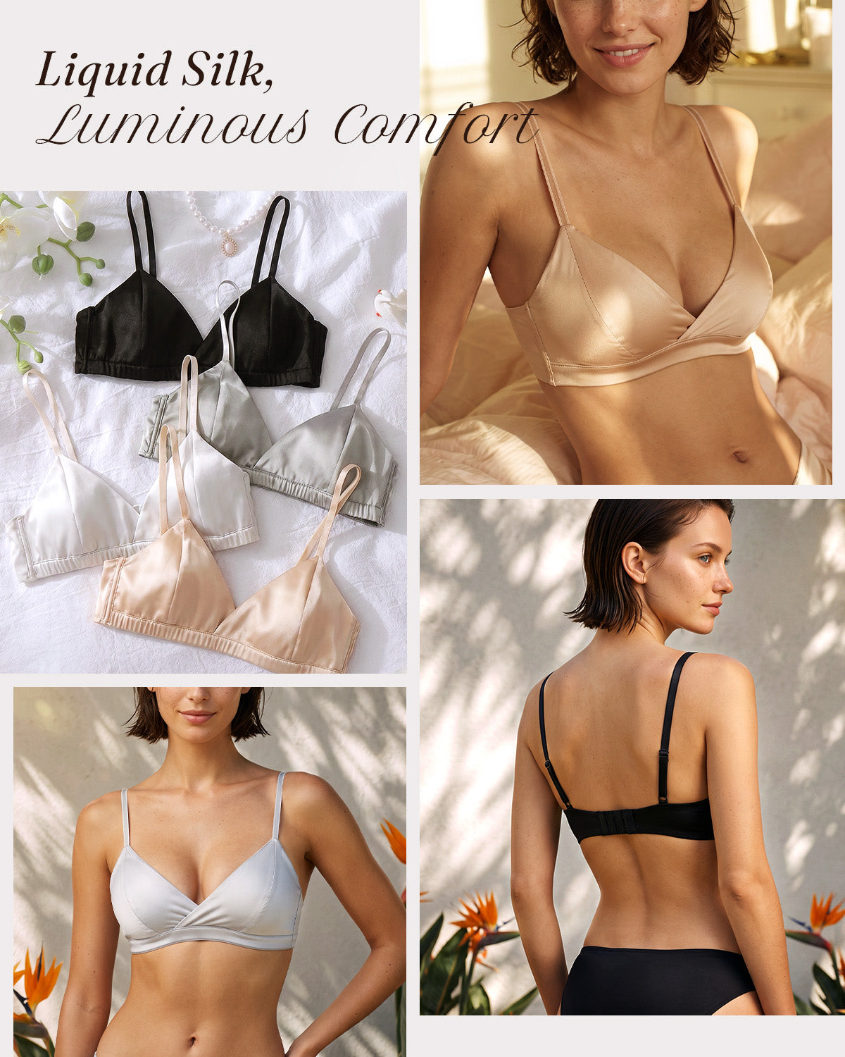 Cross-front silk bralettes in black, grey, silver-white and champagne, with front and back styling views | FEELITS