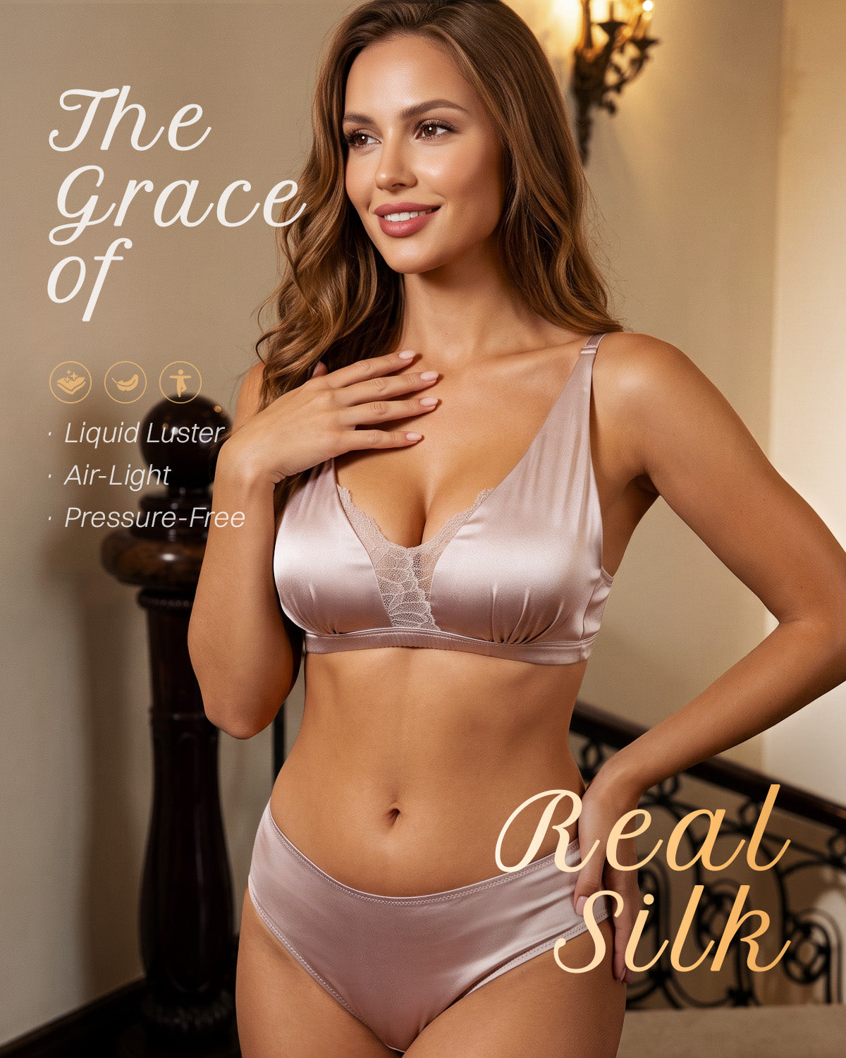 BRA18 brassière en dentelle de soie de mûrier rose assortie à une culotte | FEELITS