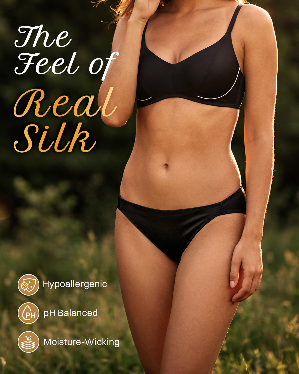 Modèle portant la culotte bikini en soie KN26 noir en situation | FEELITS