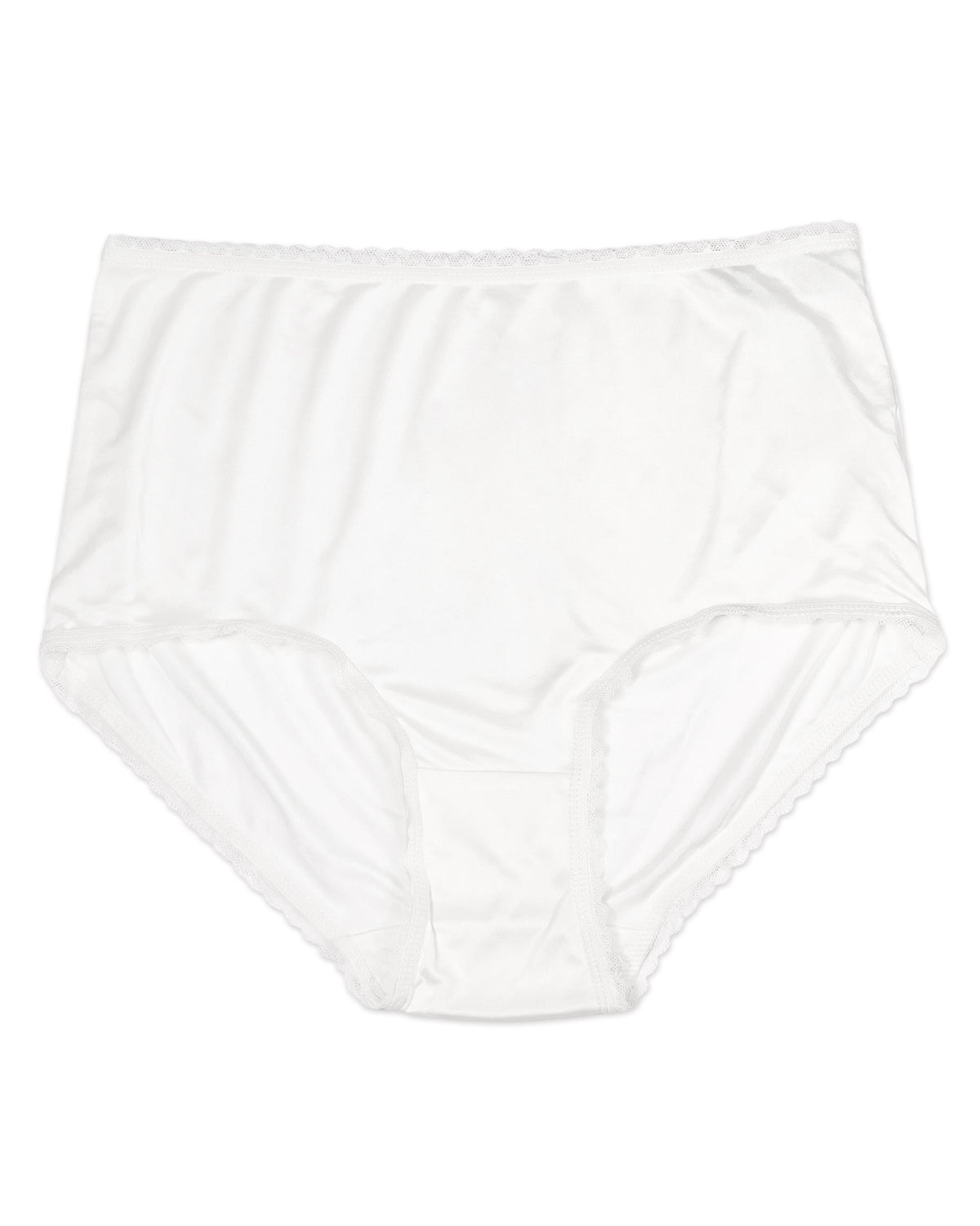 White high-rise silk brief panties laid flat with lace-trimmed waist and leg openings | FEELITS