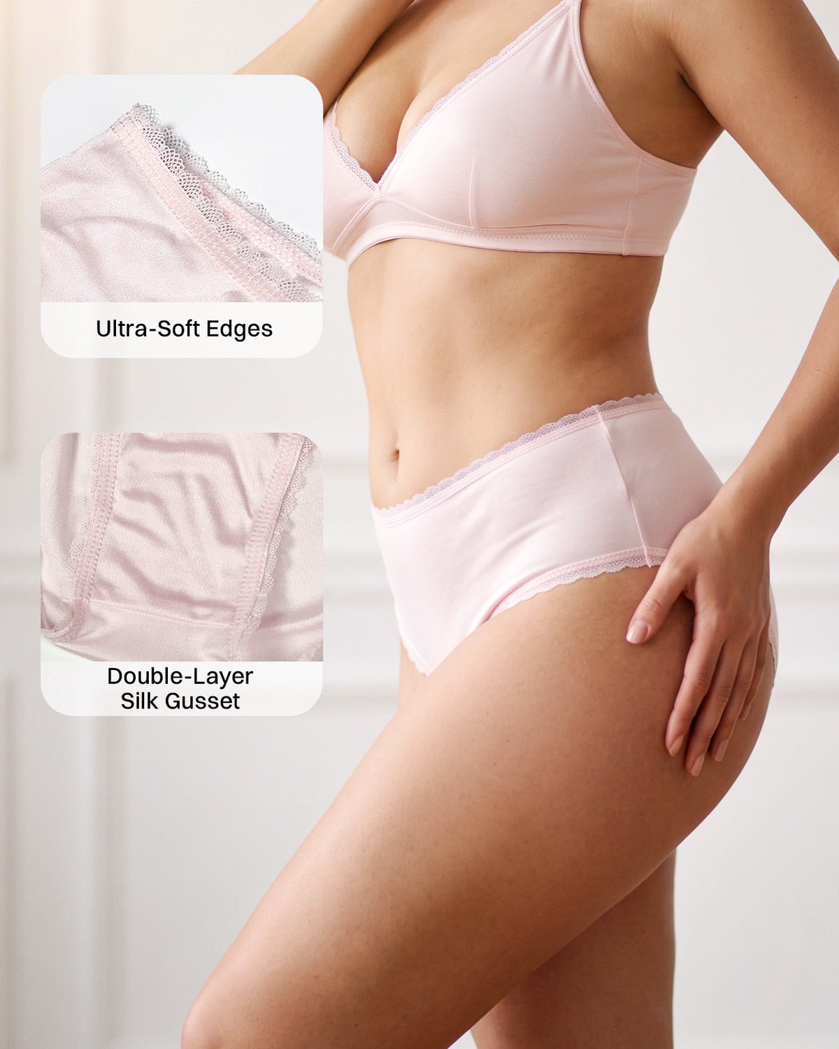 Slip in seta color rosa con pizzo e dettagli dei bordi morbidi e del tassello in seta a doppio strato | FEELITS