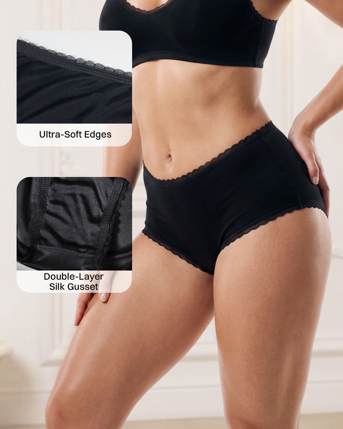 Slip in seta color nero con pizzo e dettagli dei bordi morbidi e del tassello in seta a doppio strato | FEELITS