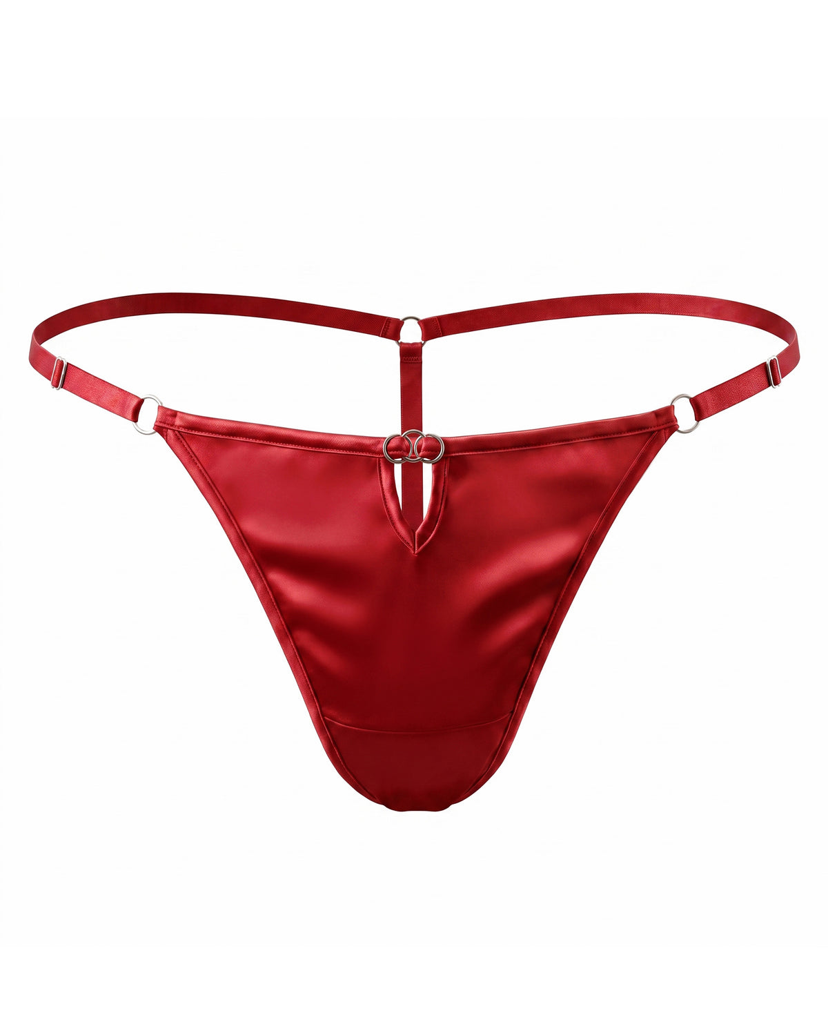 TH07 red mulberry silk low-rise G-string thong with adjustable straps, front view | FEELITS