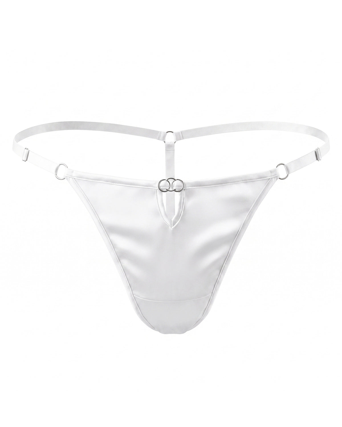TH07 white mulberry silk low-rise G-string thong with adjustable straps, front view | FEELITS