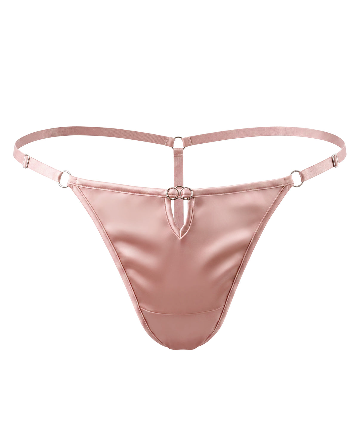 TH07 pink mulberry silk low-rise G-string thong with adjustable straps, front view | FEELITS