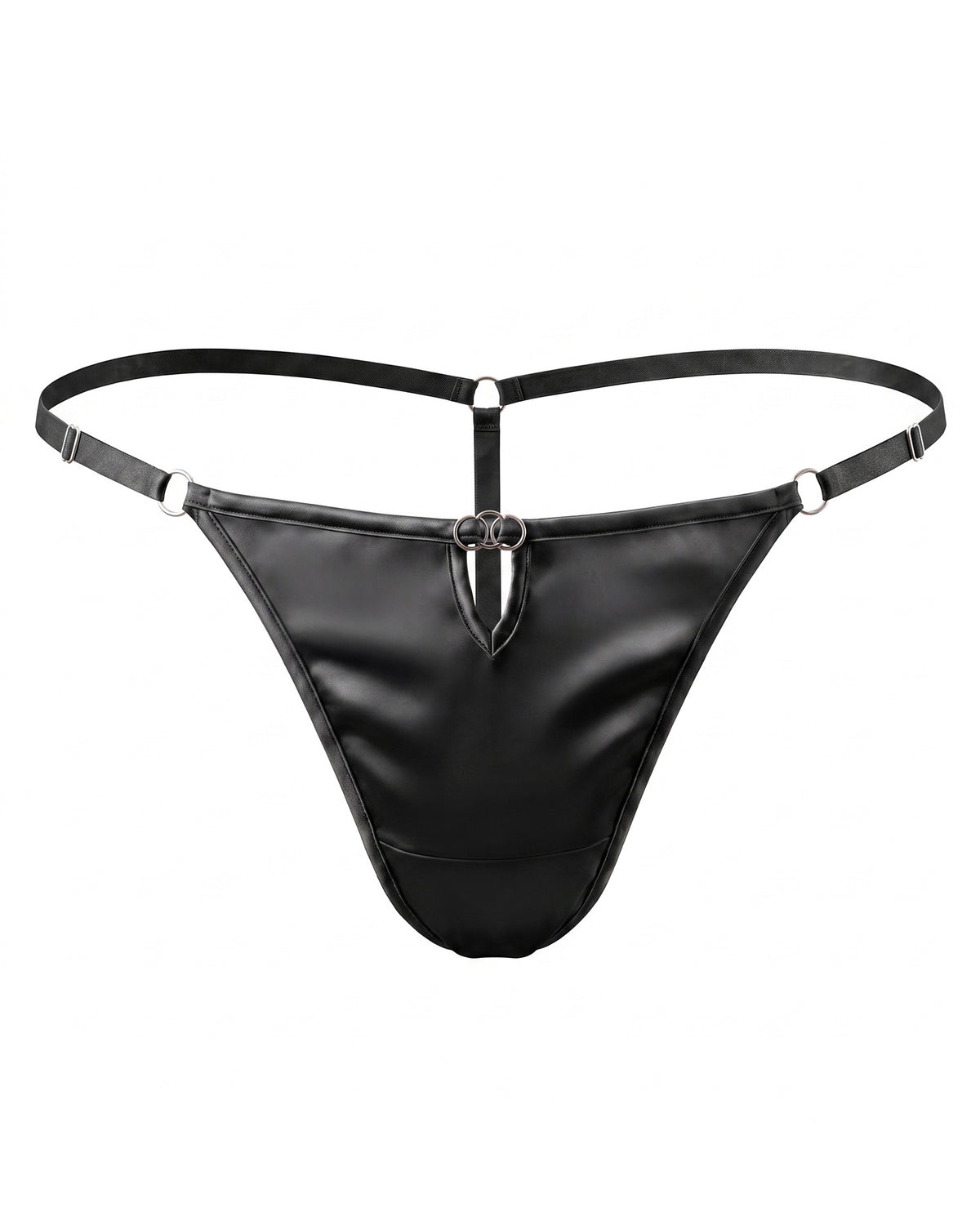 TH07 black mulberry silk low-rise G-string thong with adjustable straps, front view | FEELITS