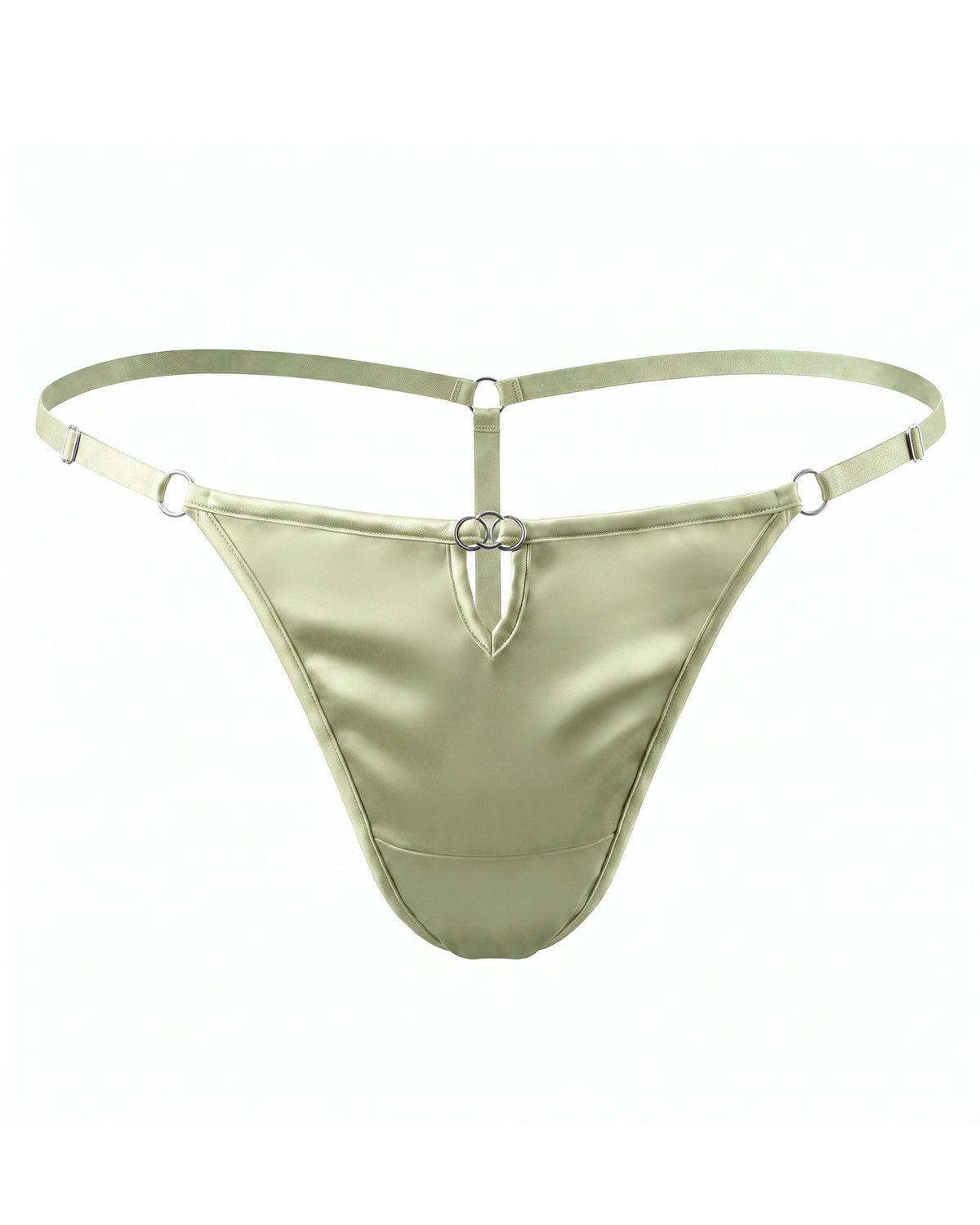 TH07 sage green mulberry silk low-rise G-string thong with adjustable straps, front view | FEELITS