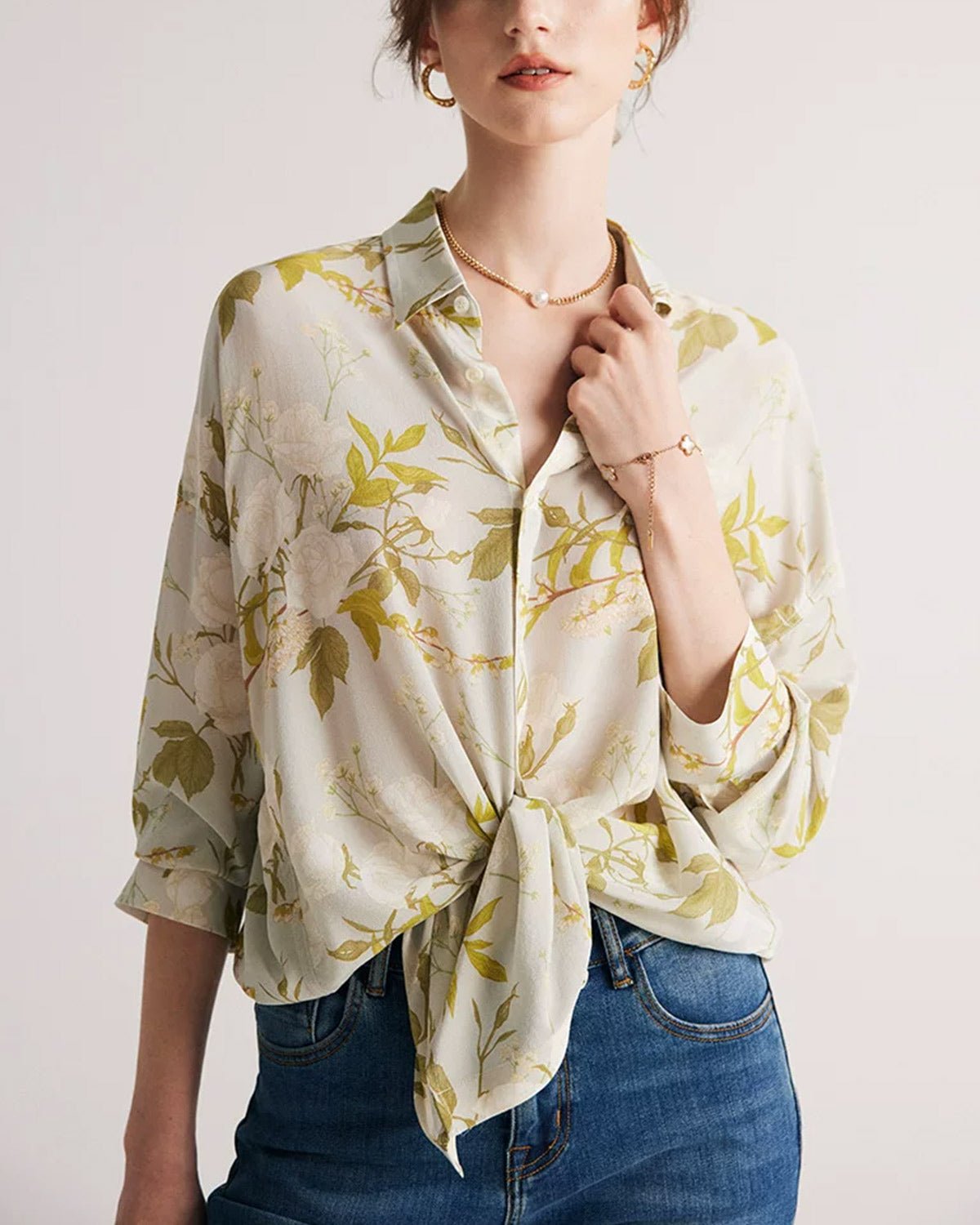 FEELITS JS01 White Florals Mulberry Silk Blouse – 19 Momme Floral Print Lapel Shirt - FEELITS