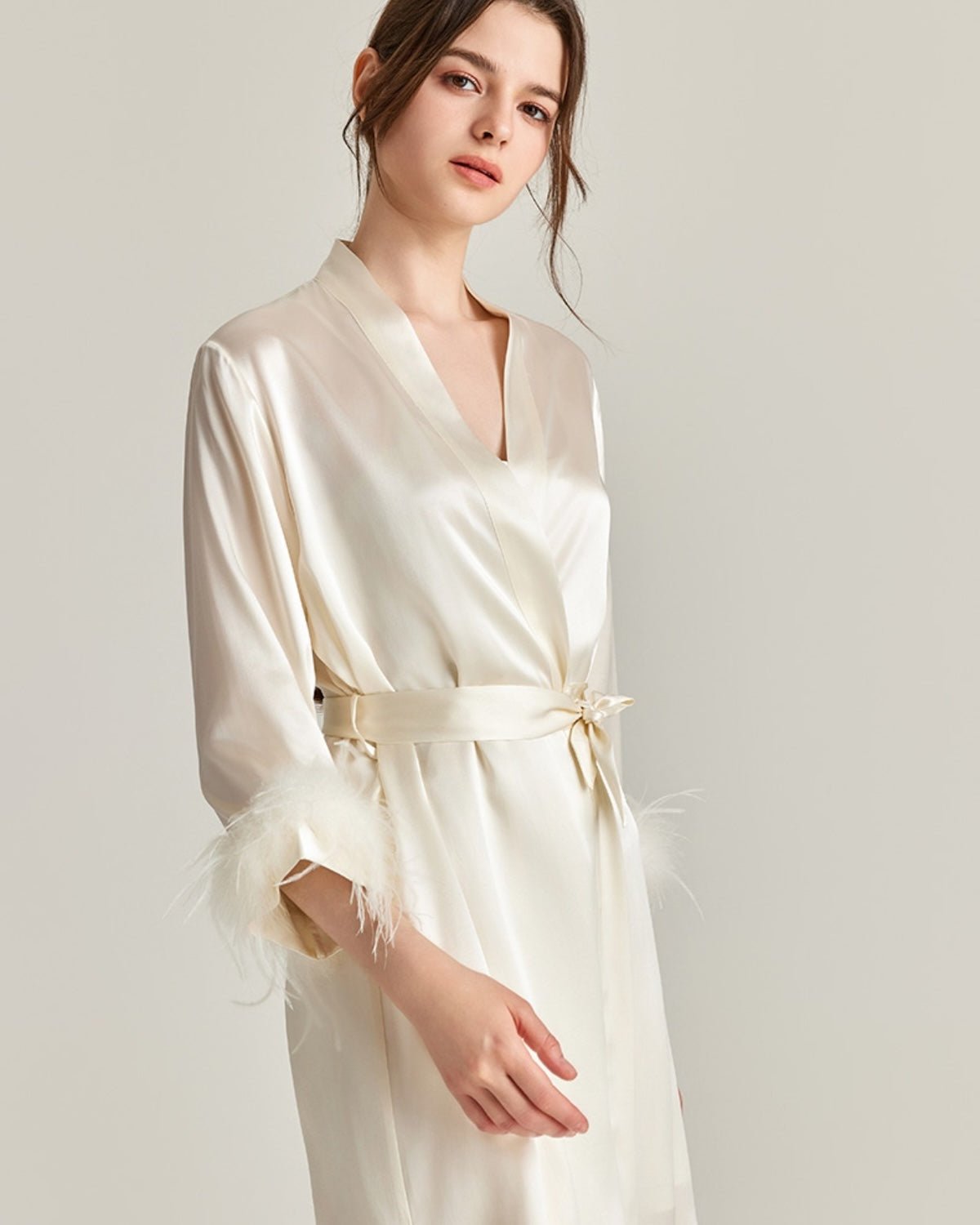 FEELITS PA06 Mulberry Silk Maxi Nightgown & Feather Robe Set – Bridal & Luxury Loungewear - FEELITS