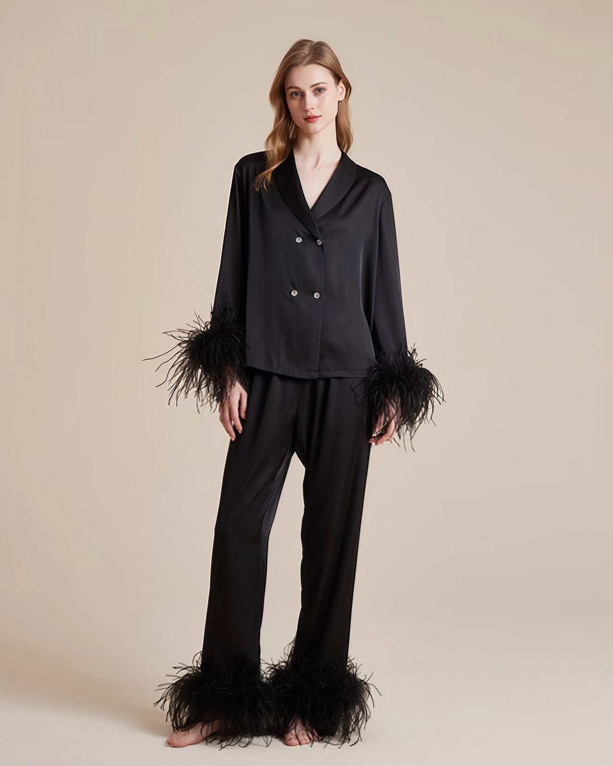 FEELITS PA13 Feather Trim Mulberry Silk Pajama Set – Long Sleeve, Pants & Crystal Buttons - FEELITS