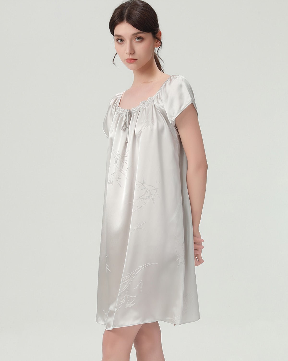 FEELITS PA22 Short Mulberry Silk Nightgown – 19 Momme Nature Print Sleep Dress - FEELITS