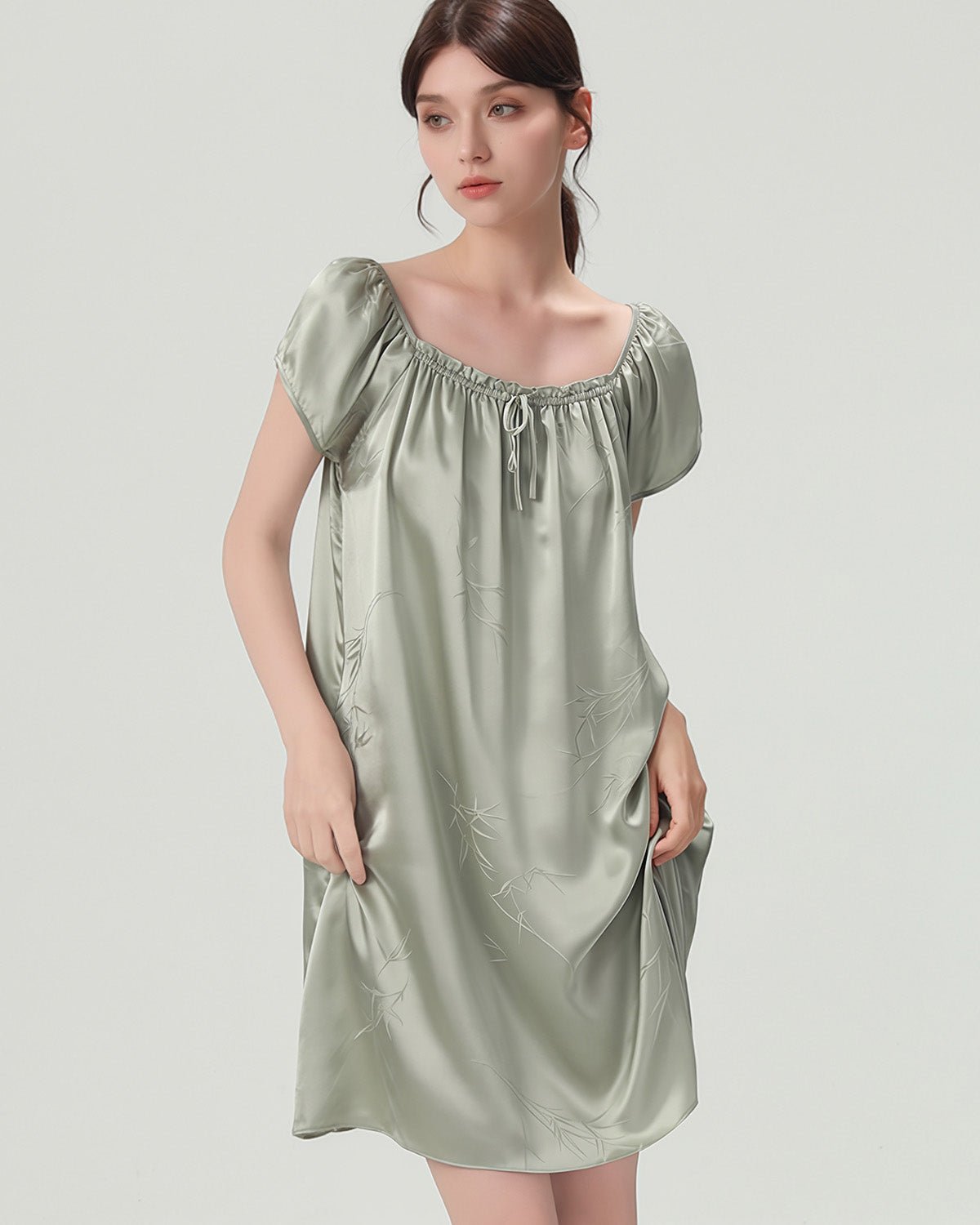 FEELITS PA22 Short Mulberry Silk Nightgown – 19 Momme Nature Print Sleep Dress - FEELITS