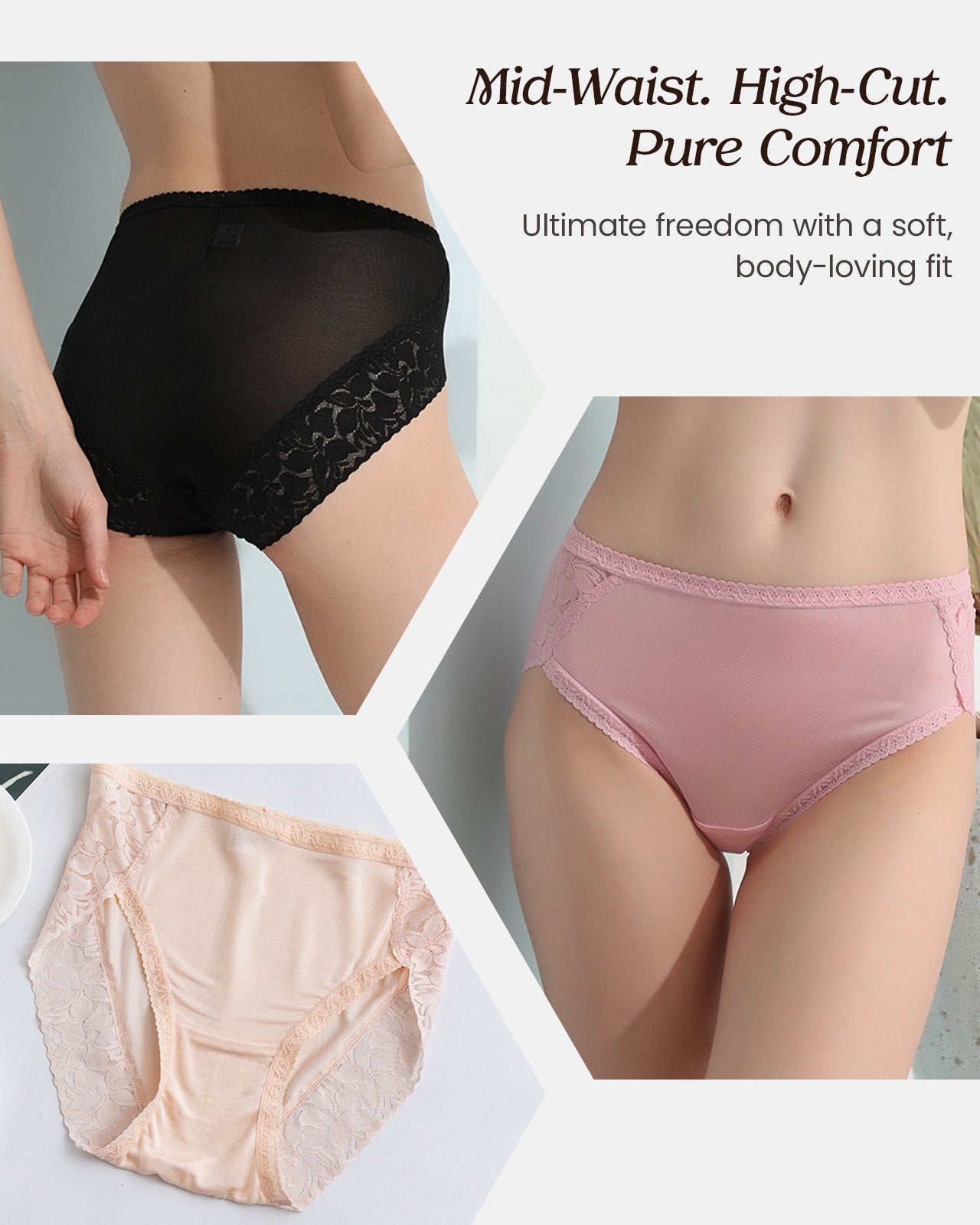 FEELITS KN24 Mid-Rise Silk Lace Hipster Panties – 100% 6A Mulberry Silk, Ultra Soft & Breathable - FEELITS