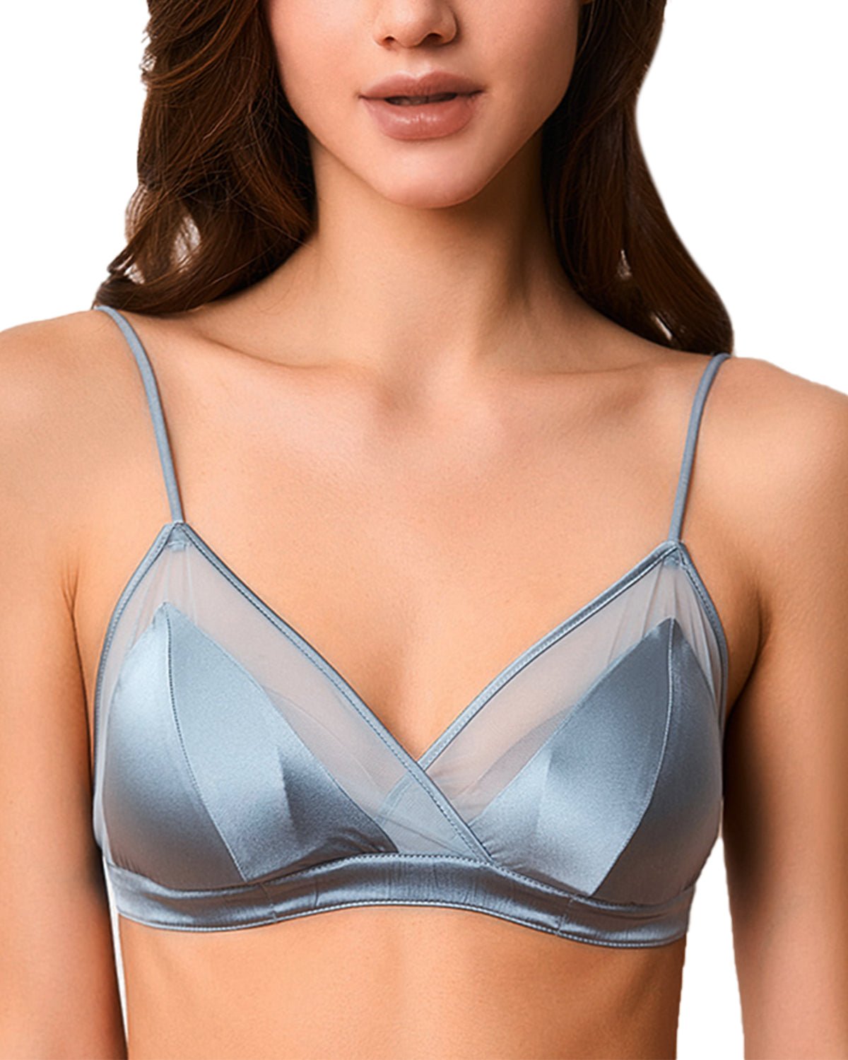 FEELITS BRA08 Silk Lace Triangle Bralette with Removable Pads – Wireless Mulberry Silk Satin Bra - FEELITS