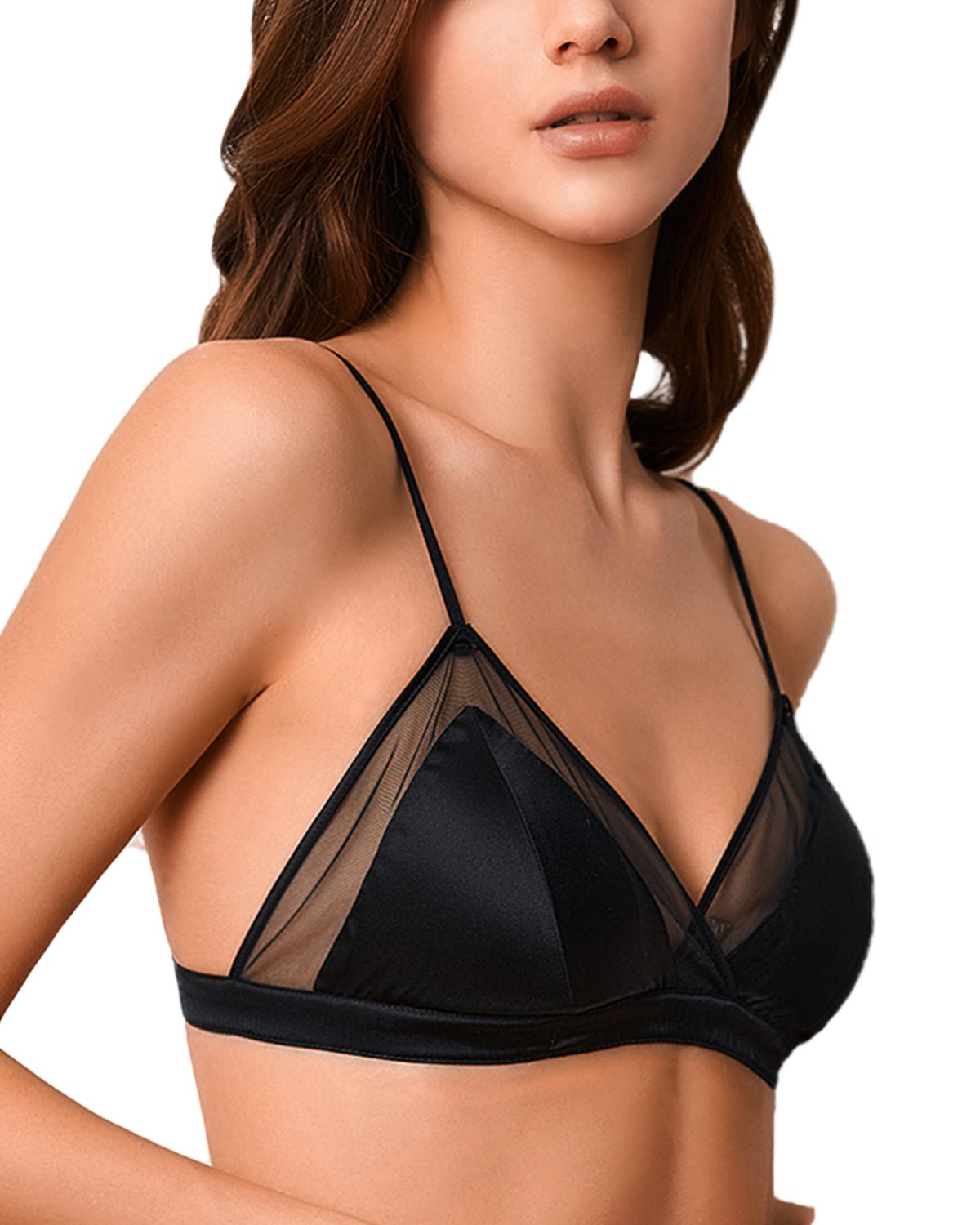 FEELITS BRA08 Silk Lace Triangle Bralette with Removable Pads – Wireless Mulberry Silk Satin Bra - FEELITS