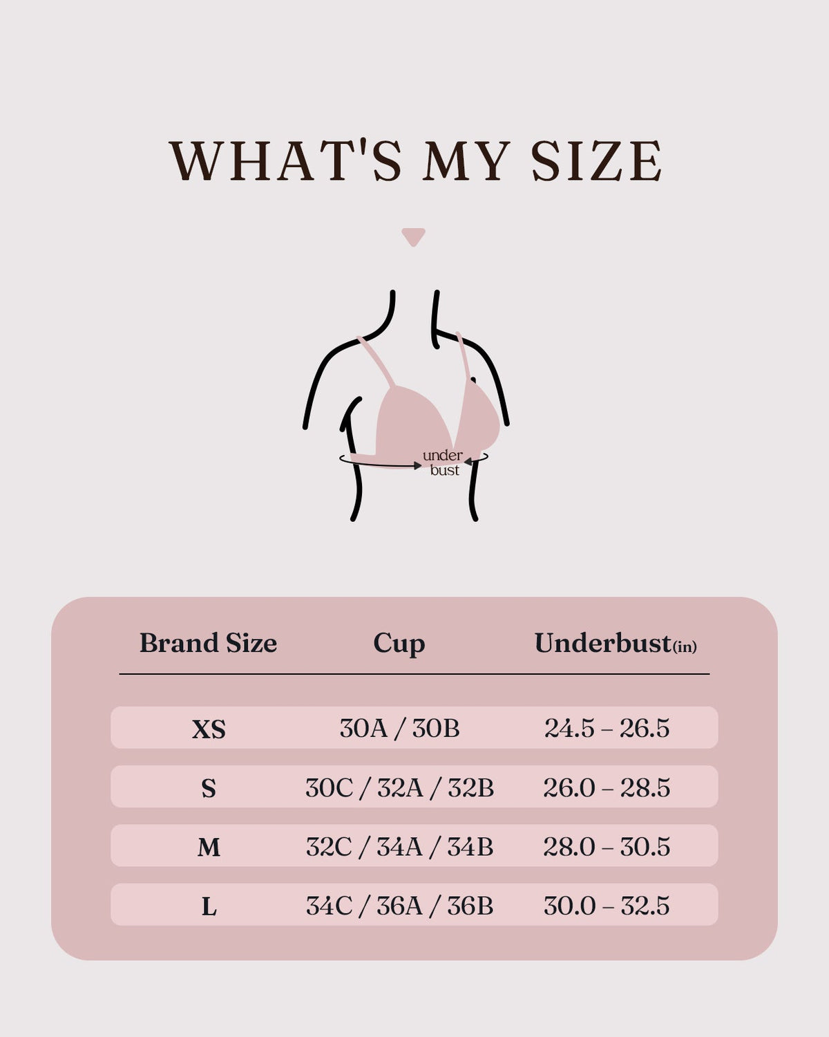 FEELITS BRA02 updated size guide: XS–L, US bra size and underbust measurements
