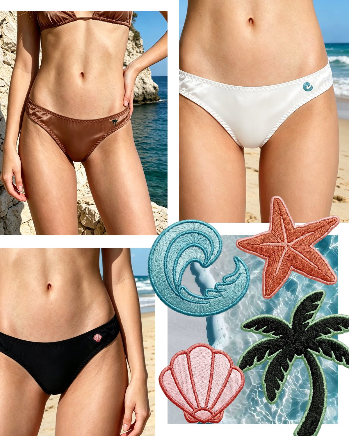FEELITS KN12 Embroidered Silk Low - Rise Bikini Panties – 100% 6A Mulberry Silk, Ocean - Inspired Motifs - FEELITS
