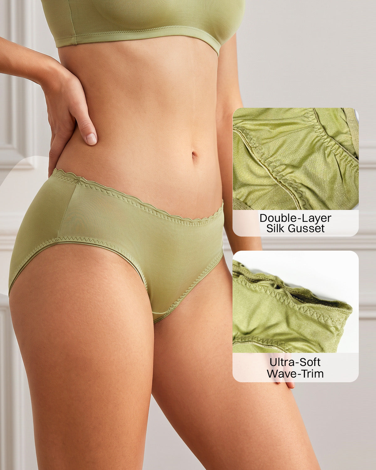 FEELITS KN39 Low-Rise Silk Brief Panties – Wave-Trim Waistband & Full Coverage