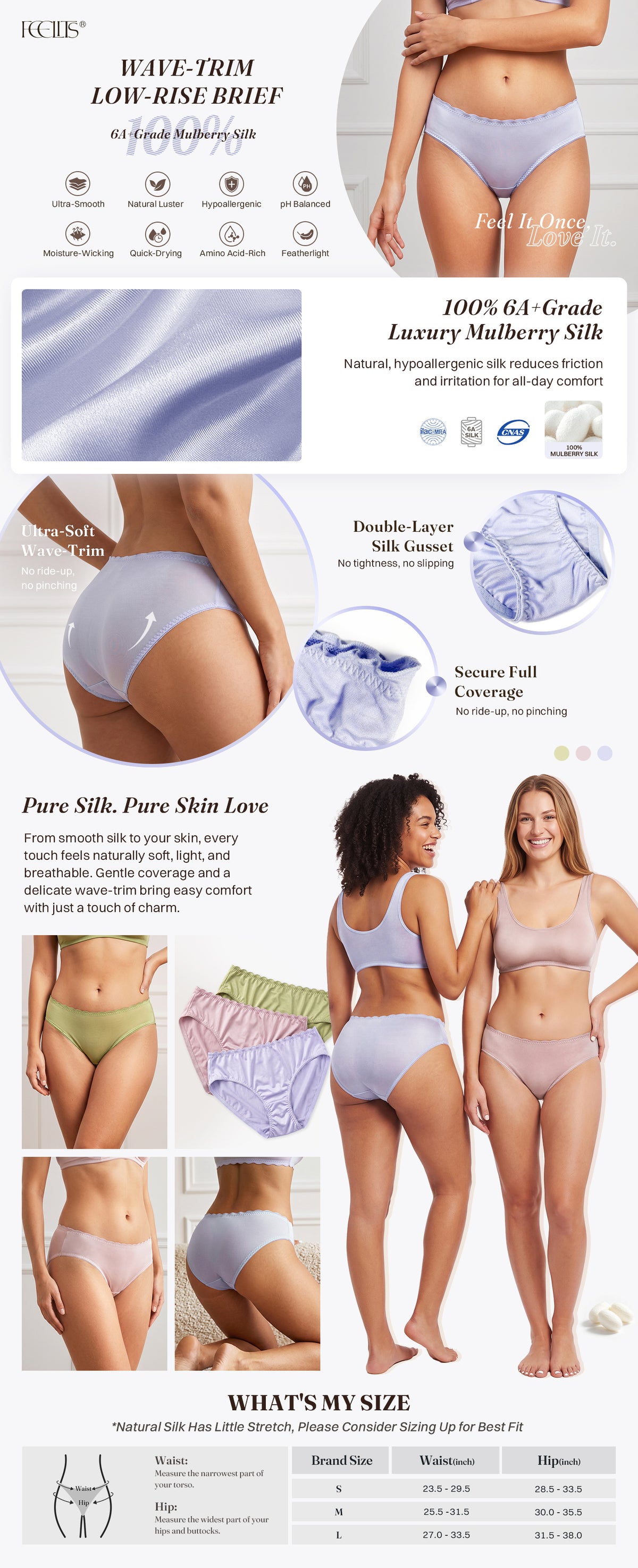 KN39 silk fabric, construction, fit details and size guide