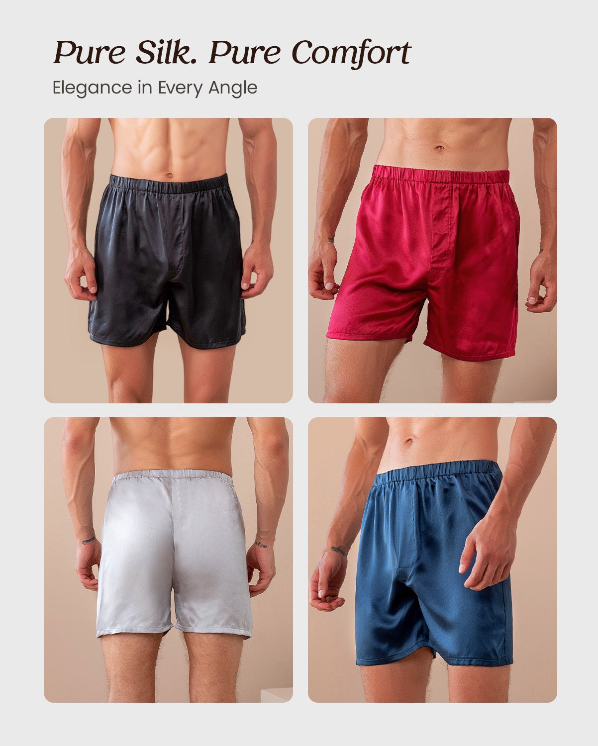 FEELITS BXM01 Men’s 22 Momme Mulberry Silk Boxer Shorts – 100% Silk, Breathable Sleep & Lounge Fit - FEELITS