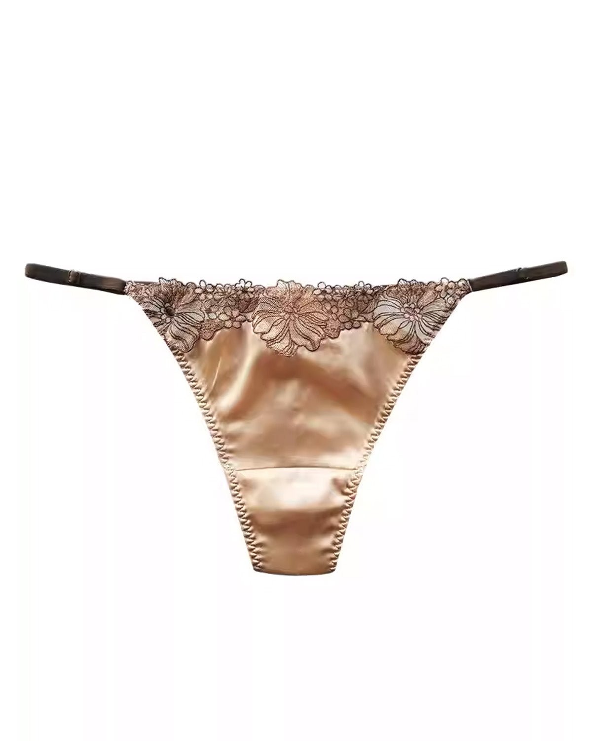 FEELITS SPA17 Mulberry Silk Lace-Trim Thong for Women – Champagne Gold, Low-Rise & Adjustable - FEELITS