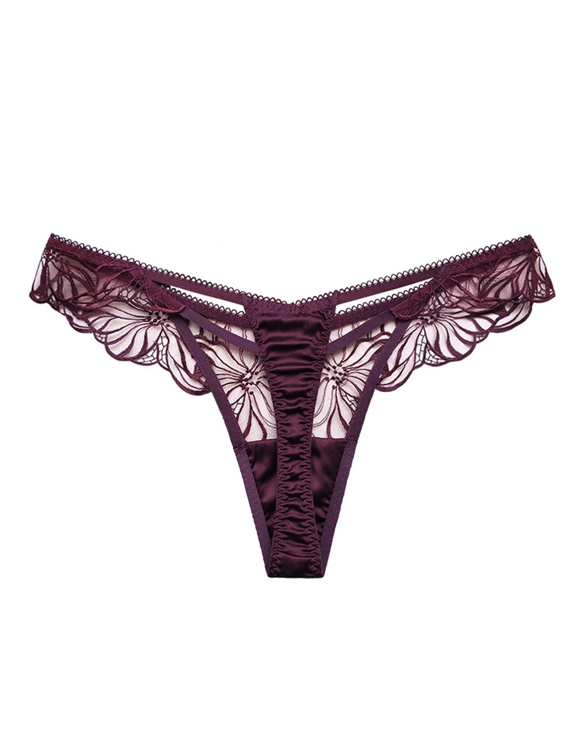 FEELITS SPA28 Embroidered Lace Sheer Thong – 93% Mulberry Silk, Low-Rise & Sensual Fit - FEELITS