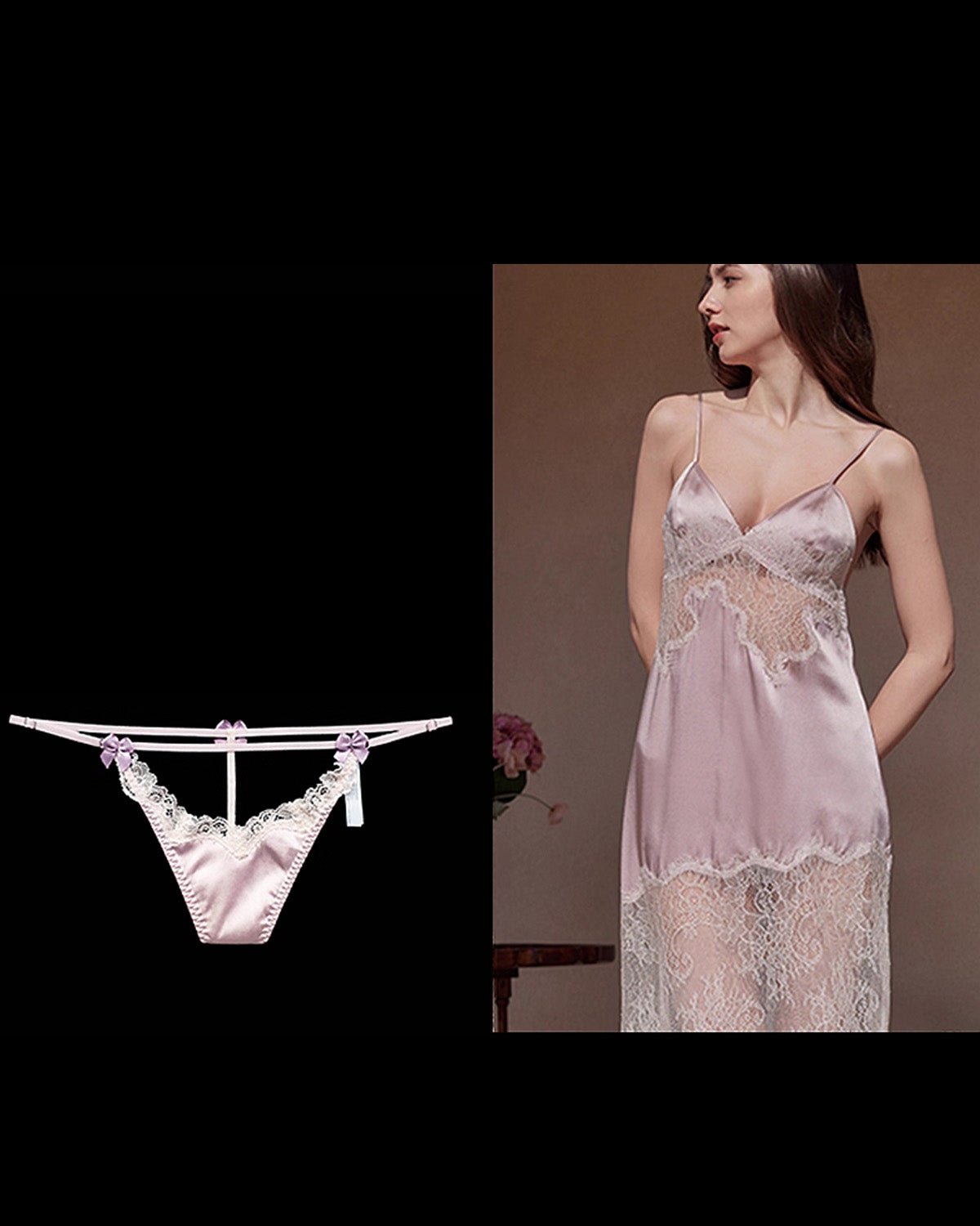 FEELITS SPA29 Mulberry Silk Embroidered Lace T-Back Thong – Low-Rise, Adjustable & Bow Detail - FEELITS